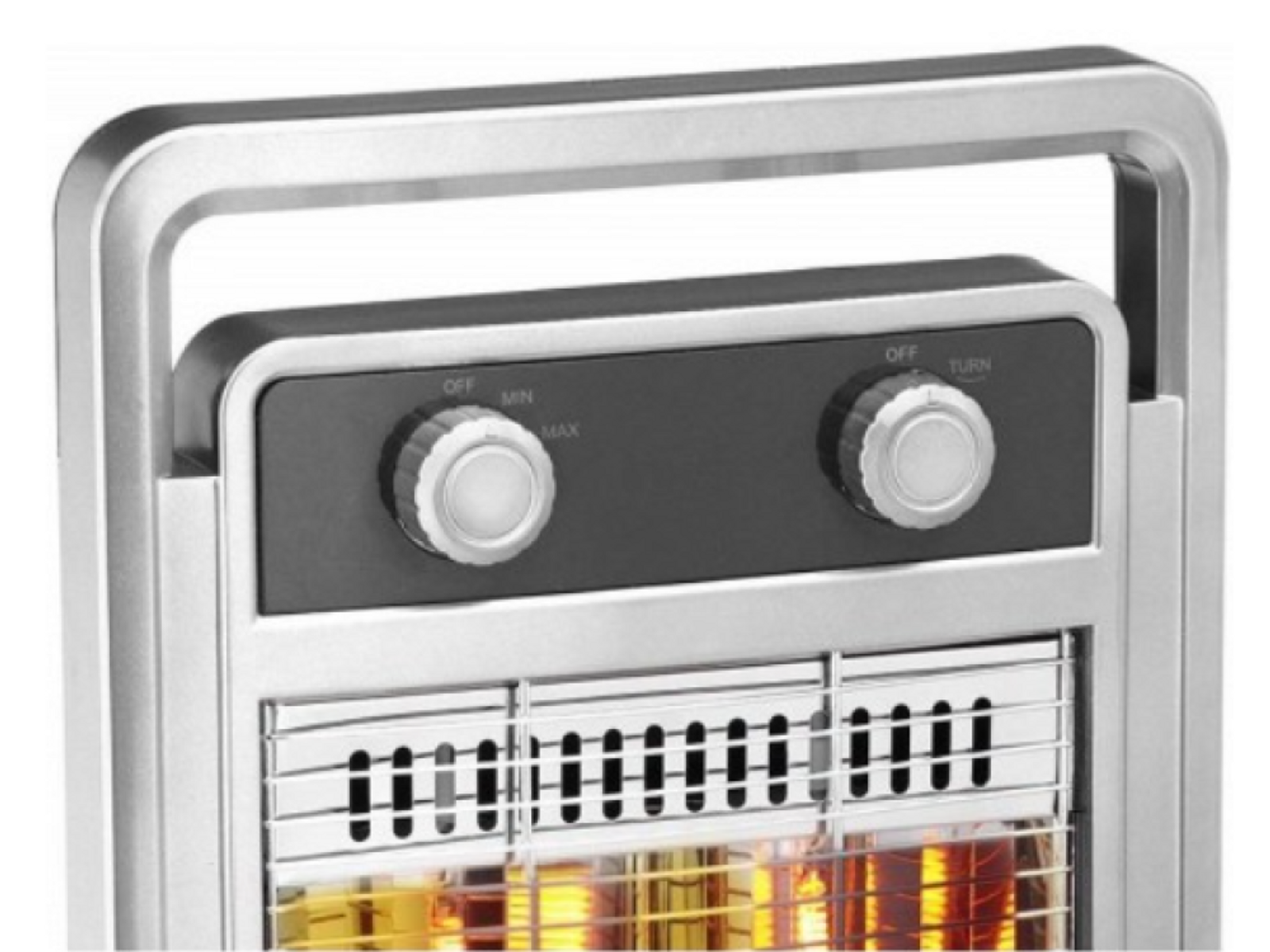 Zbliżenie panelu sterowania grzejnika z dwoma pokrętłami i srebrnym uchwytem.