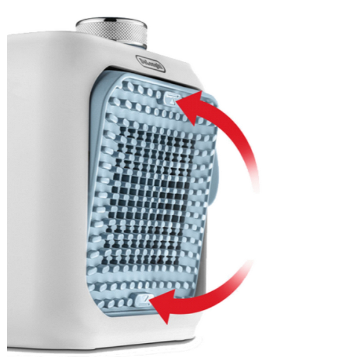 Białe i jasnoniebieskie urządzenie ze strzałkami wskazującymi funkcję obrotową. Urządzenie ma wzór siatki.