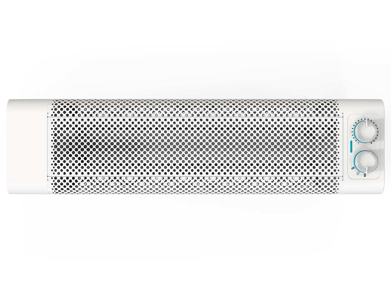 Weißer, rechteckiger Heizlüfter mit perforierter Metallfront und Bedienknöpfen an einem Ende.