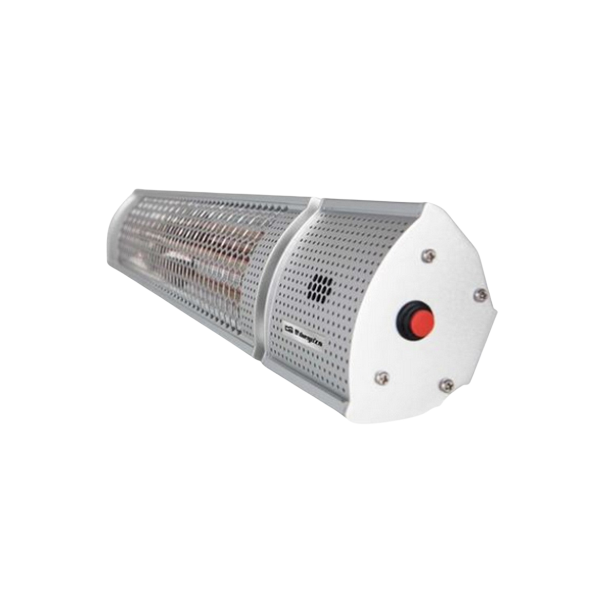 Srebrny, cylindryczny grzejnik zewnętrzny z czerwonym przyciskiem zasilania, na czarnym tle. Perforowana konstrukcja.