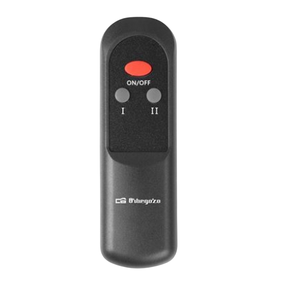 Czarny pilot z przyciskami 'ON/OFF' i 'I, II' oraz logo 'Orbegozo'.
