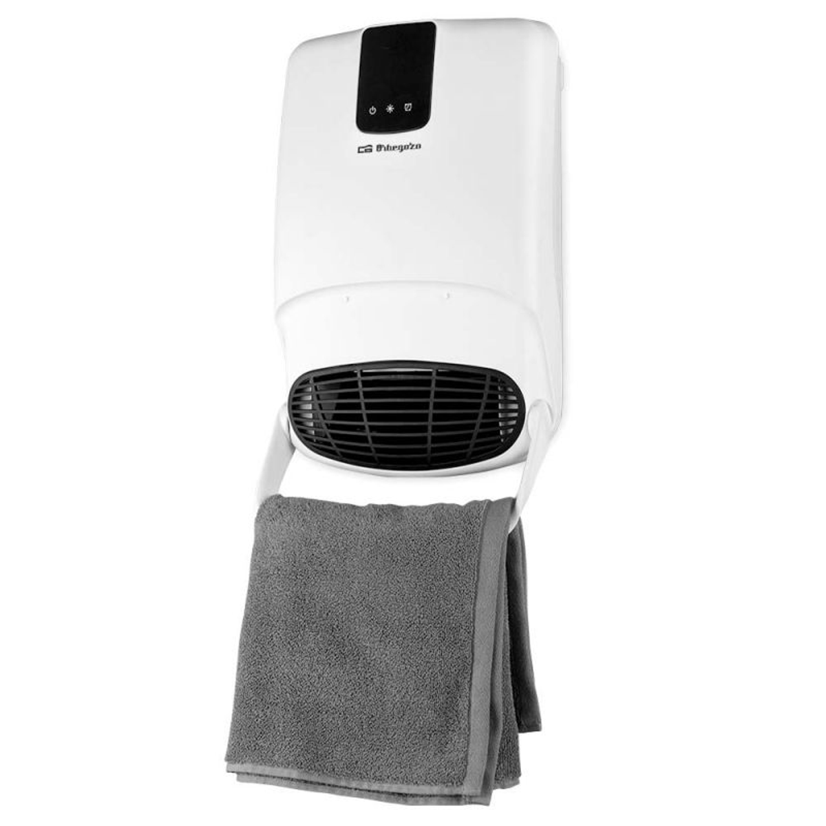 Biały grzejnik naścienny z wieszakiem na ręczniki i szarym ręcznikiem.