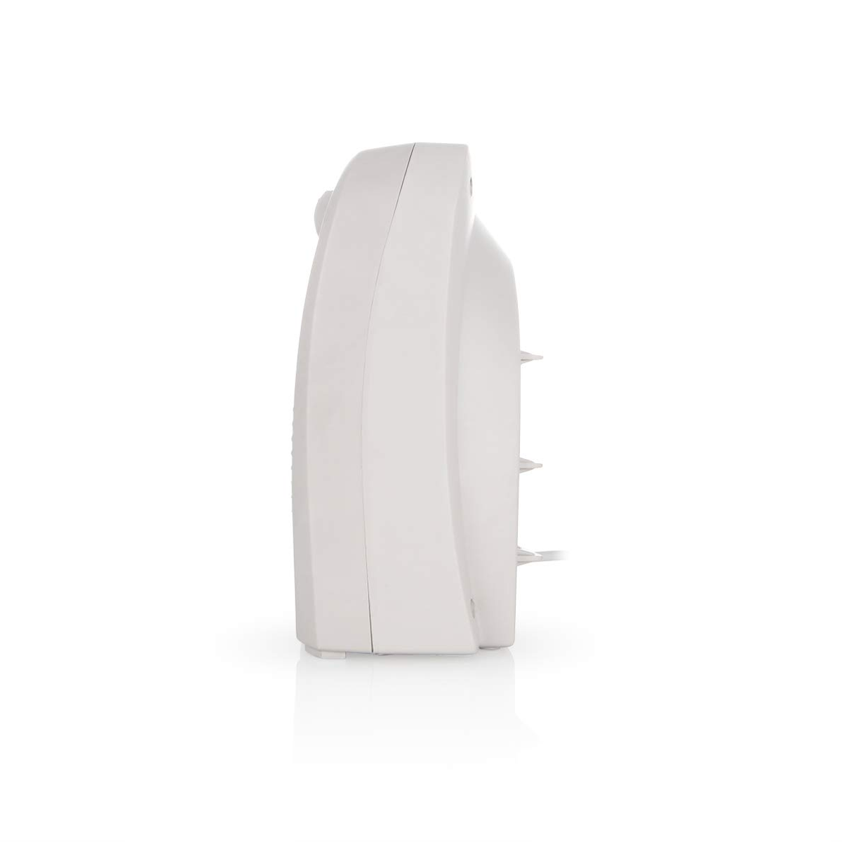 Białe urządzenie, prawdopodobnie głośnik lub oczyszczacz powietrza, na białym tle.