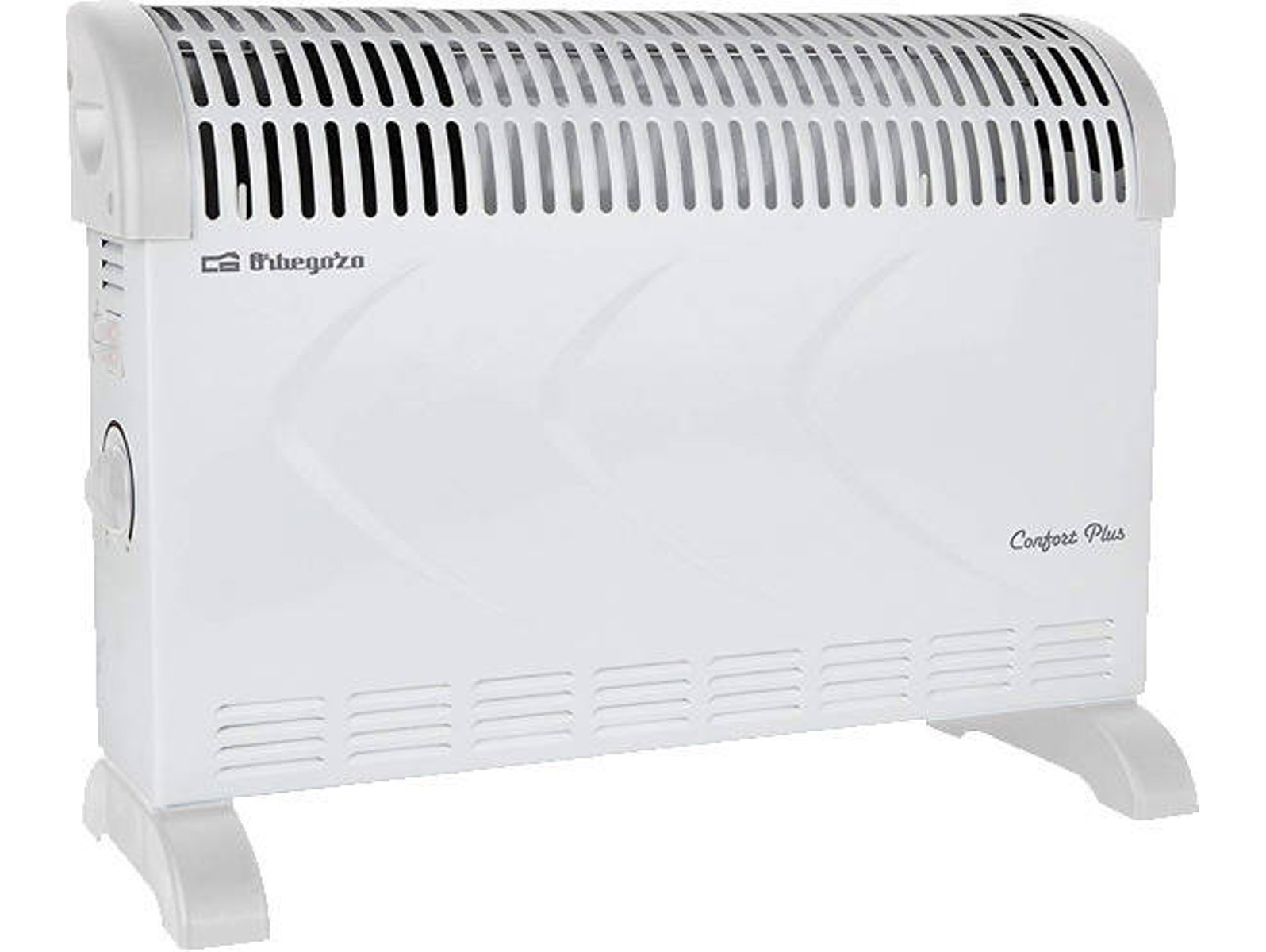 Biały grzejnik elektryczny o zakrzywionej konstrukcji. Posiada panel sterowania i nóżki.