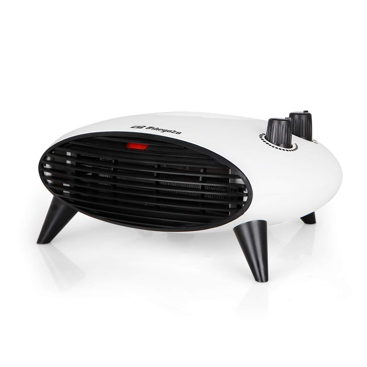 Biało-czarny owalny grzejnik z trzema czarnymi nóżkami.