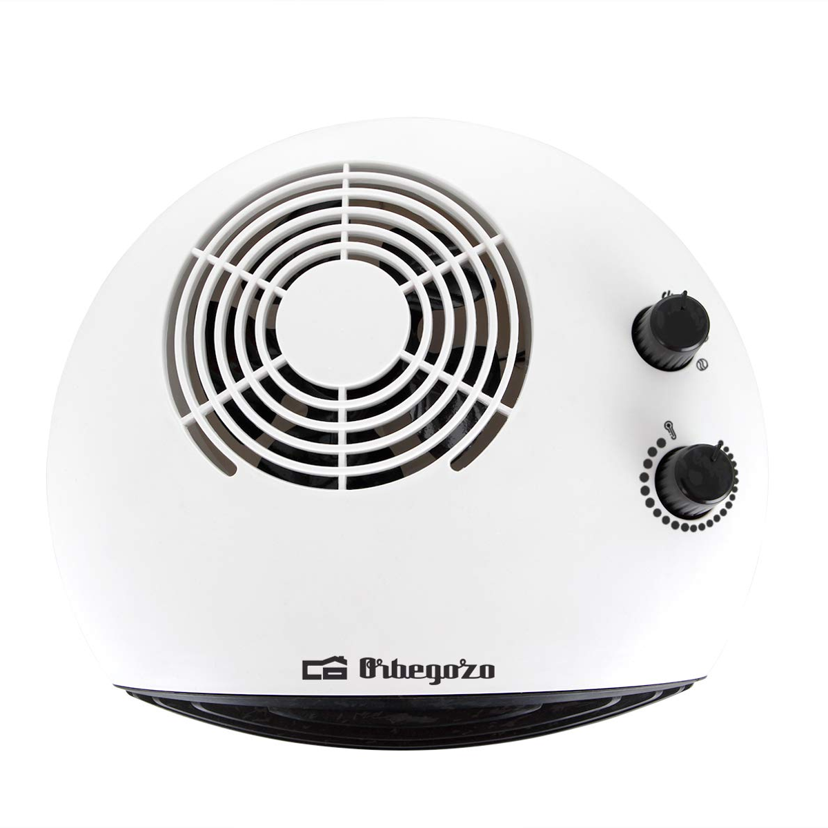 Biała, owalna grzałka elektryczna z wentylatorem i pokrętłami.