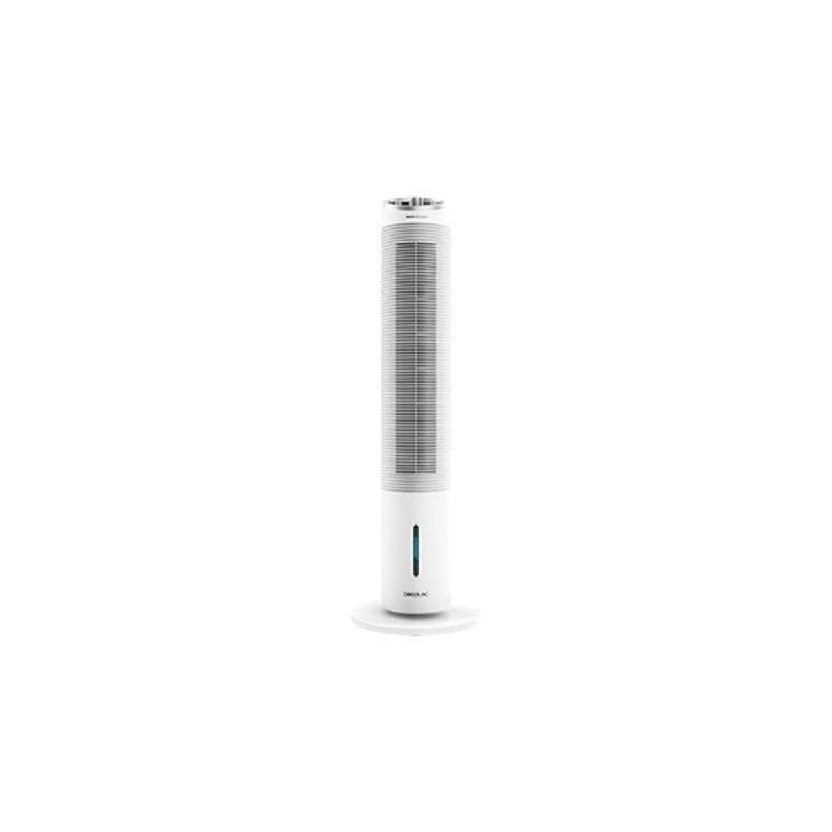 Weißer Turmventilator, isoliert auf weißem Hintergrund, schräge Ansicht.