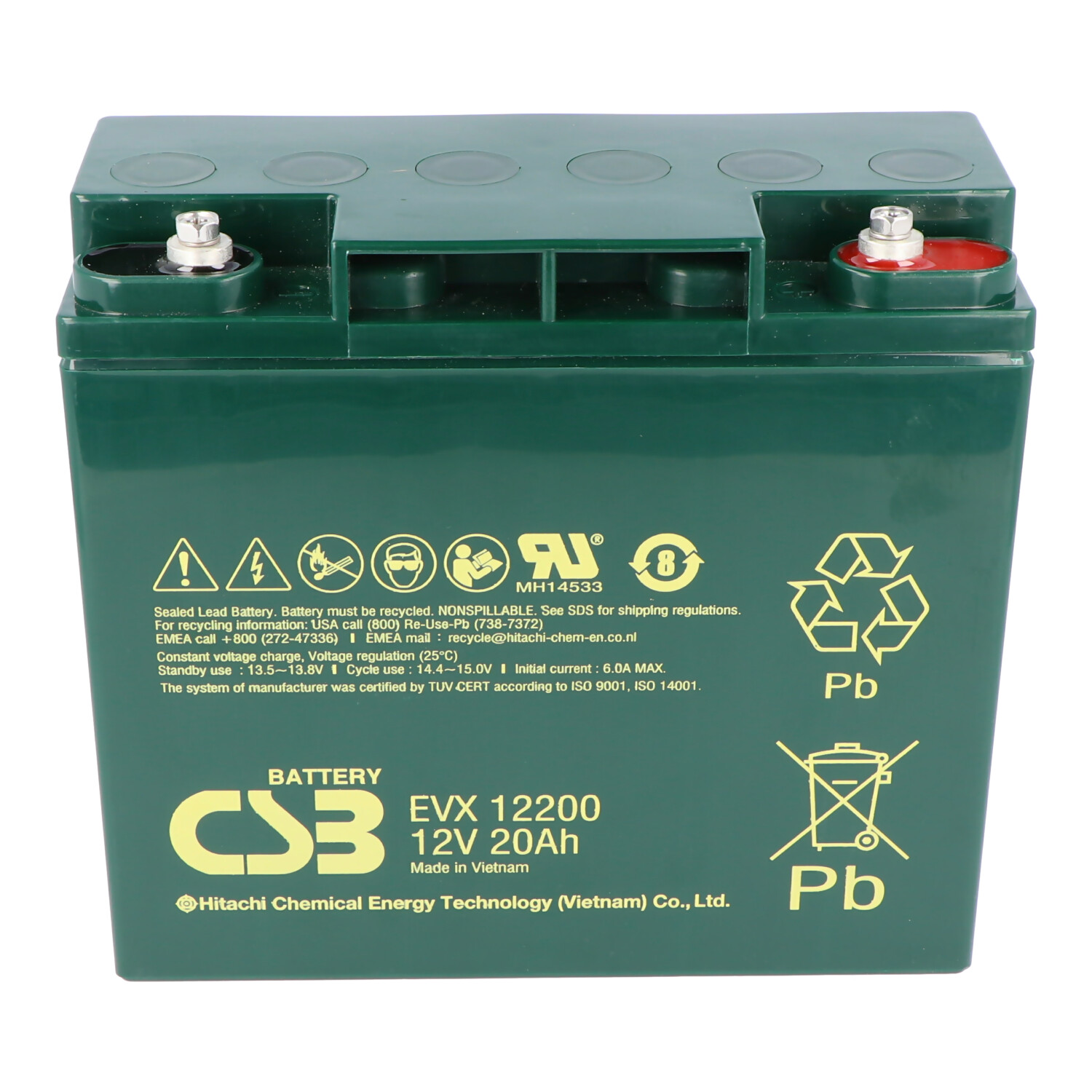 Groene batterij met "CSB BATTERY", tekst en symbolen, twee terminals en loodsymbolen.