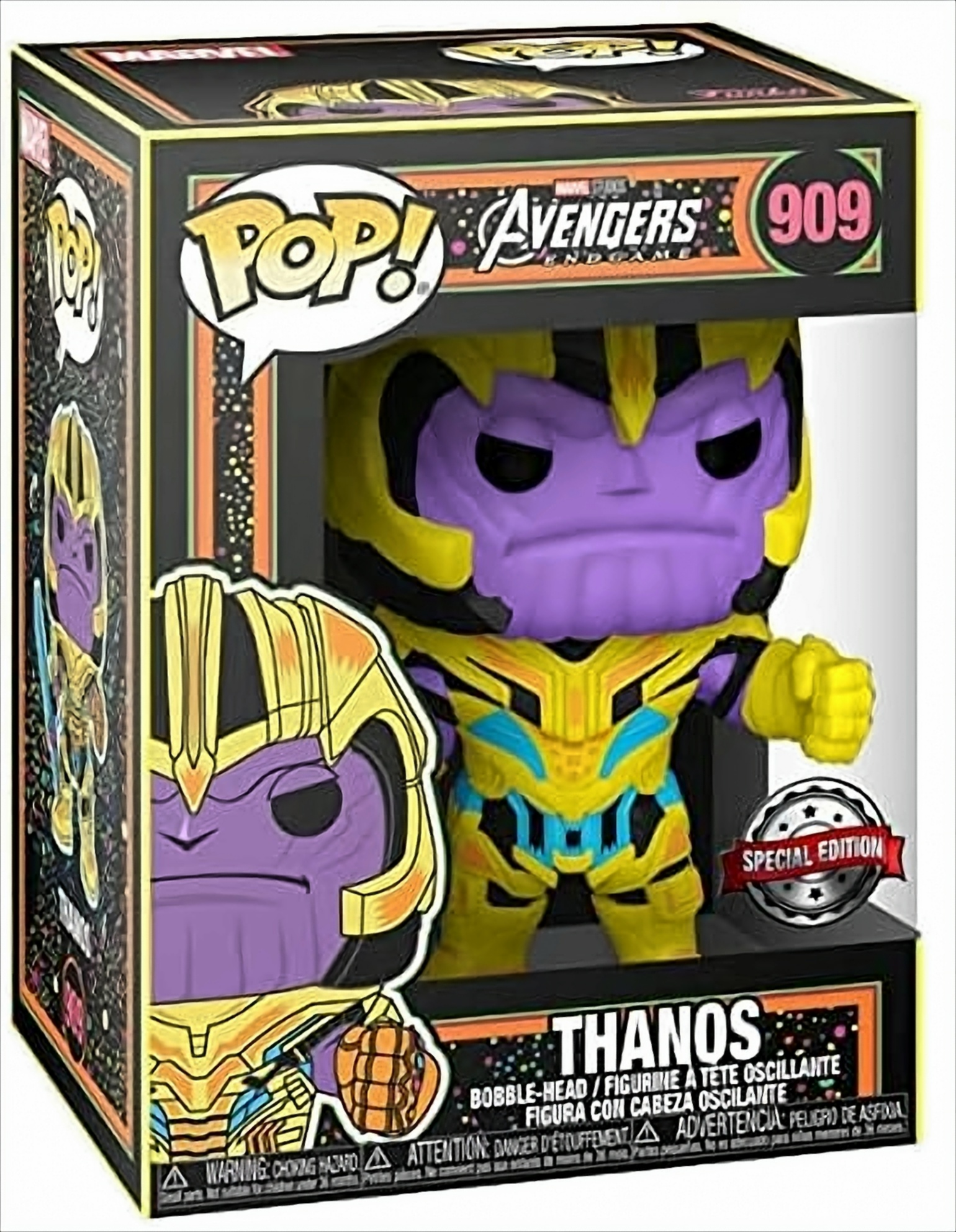 Funko Pop!-Figur von Thanos in einer Box. Die Figur ist lila und gold.