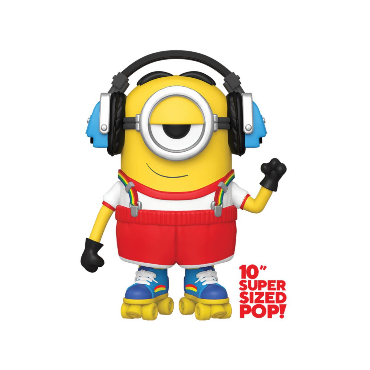 Minion con cuffie e pattini a rotelle. Il testo recita: 10" SUPER SIZED POP!