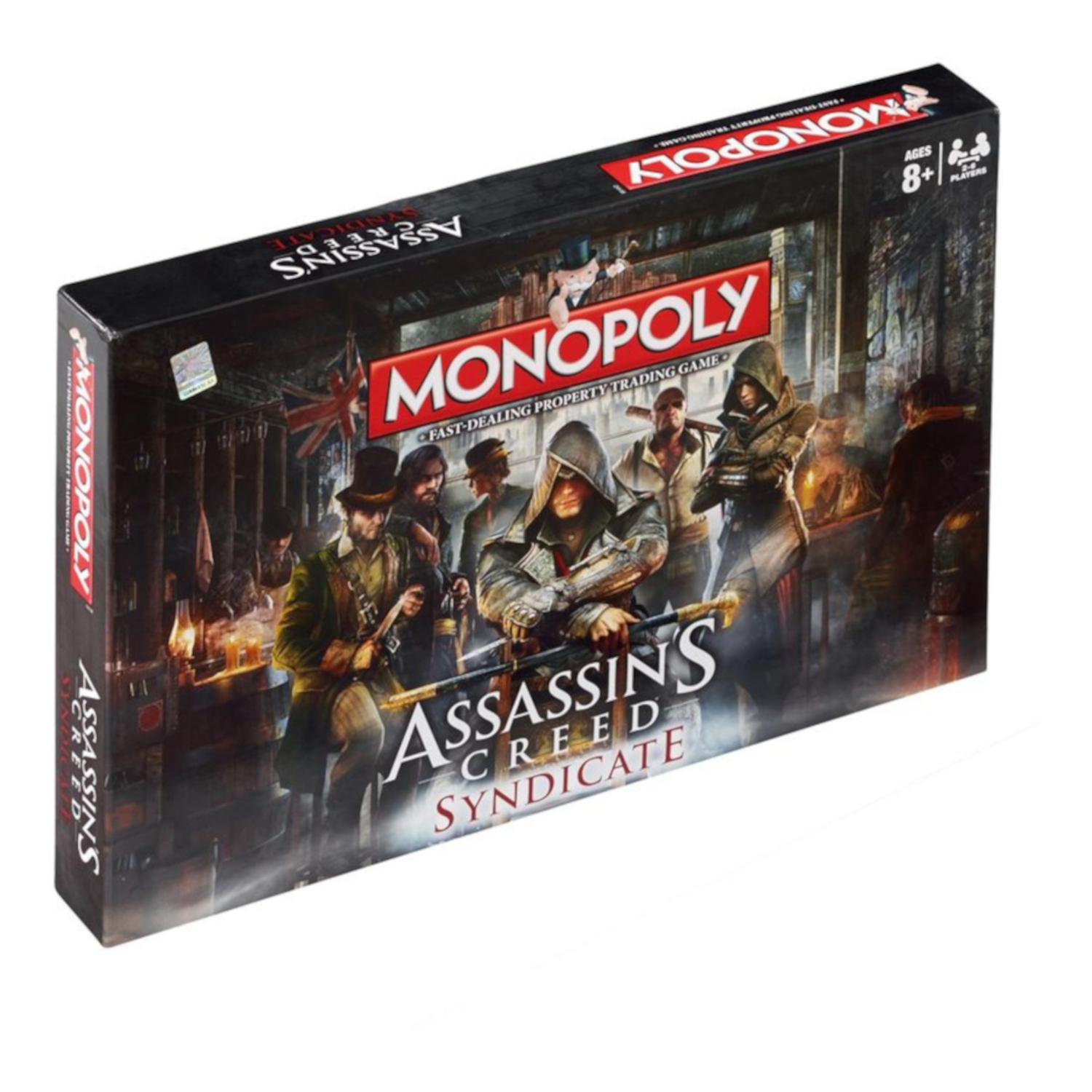 Monopoly: Assassin's Creed Spielbox. Schwarz, rot und weiß. Charaktere vorne.