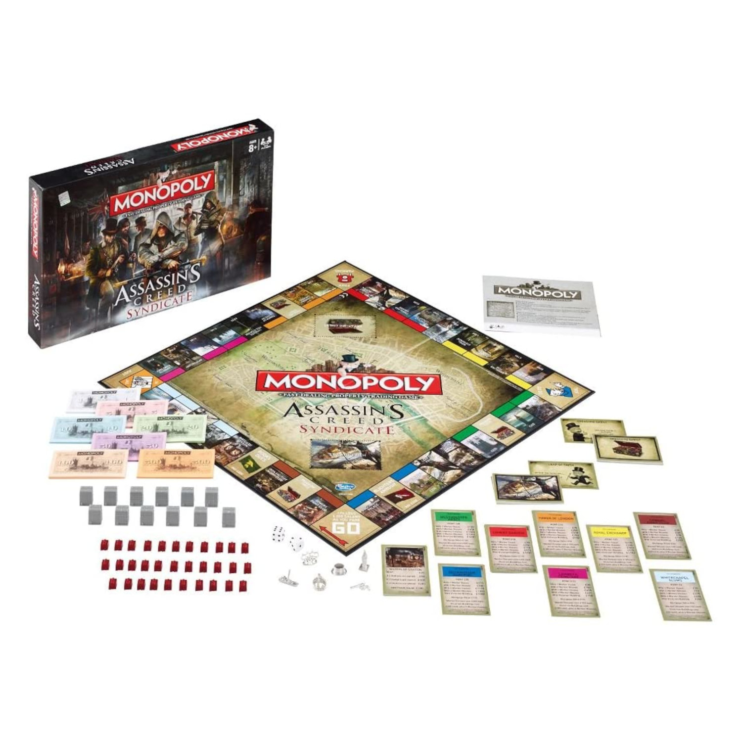 Monopoly: Assassin's Creed Syndicate Brettspiel, Schachtel, Spielbrett, Geld, Häuser, Würfel und Karten.