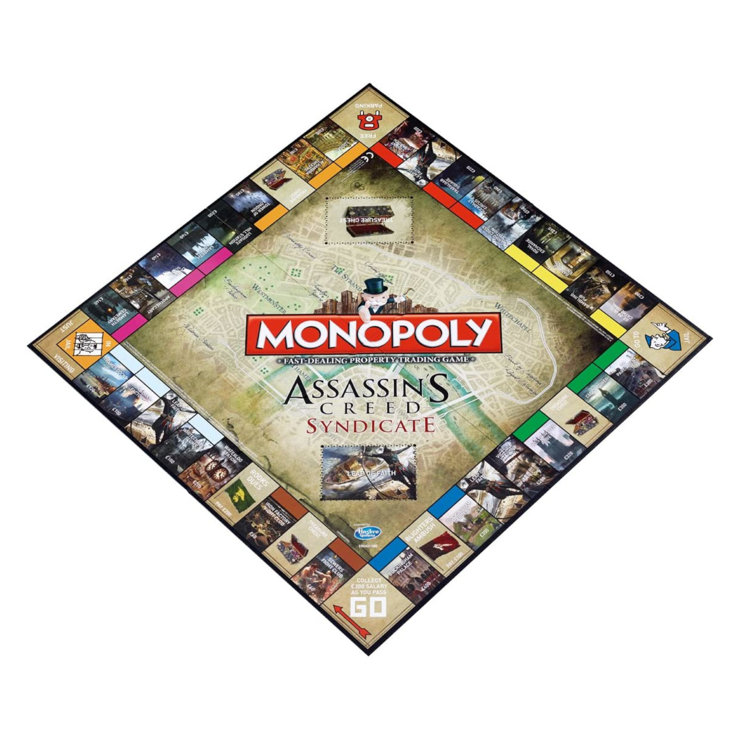 Monopoly-Brett, Assassin's Creed Syndicate-Edition, auf weißem Hintergrund.