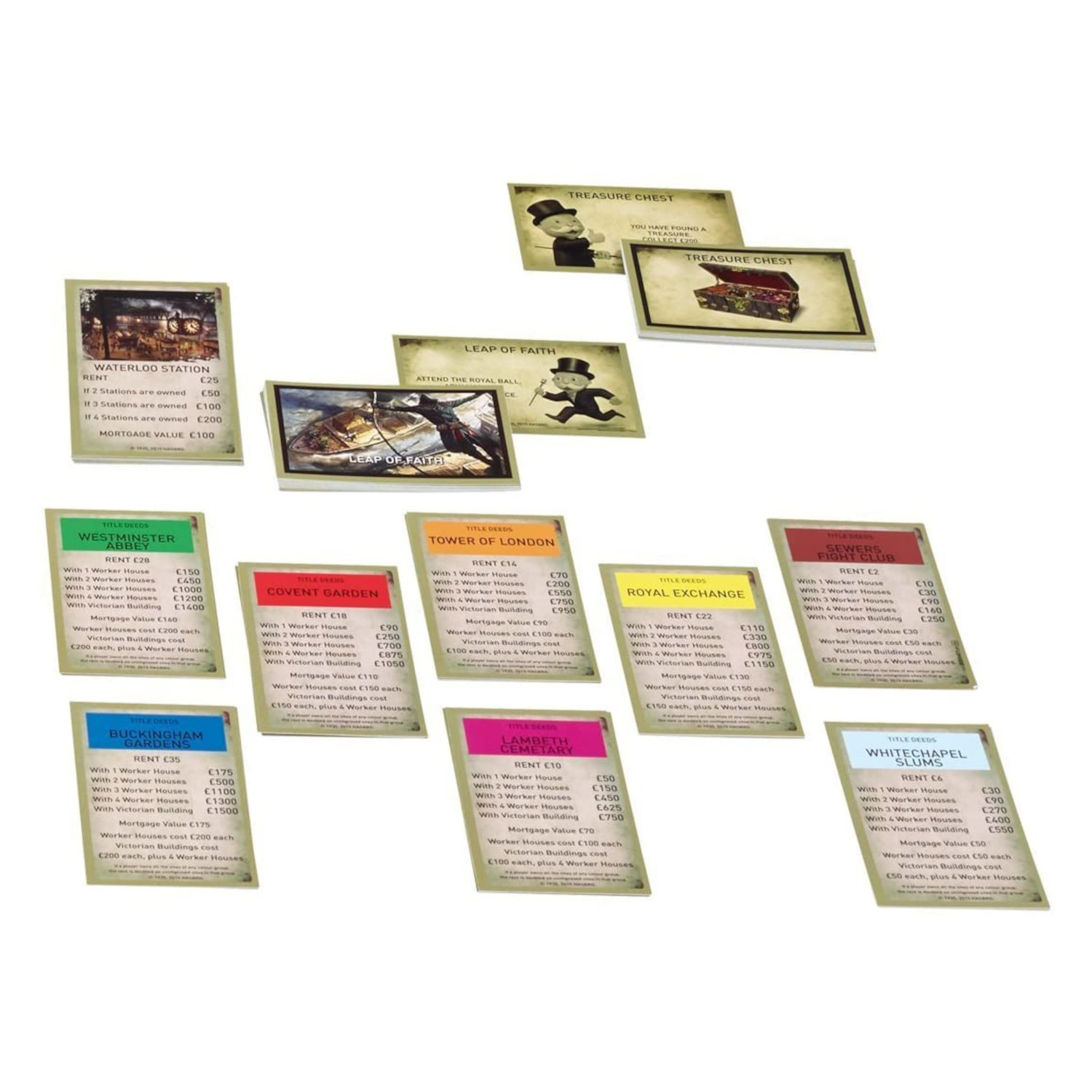 Monopoly-Spielkarten, darunter Immobilienkarten und 'Leap of Faith'-Karten, auf einer Oberfläche verstreut.