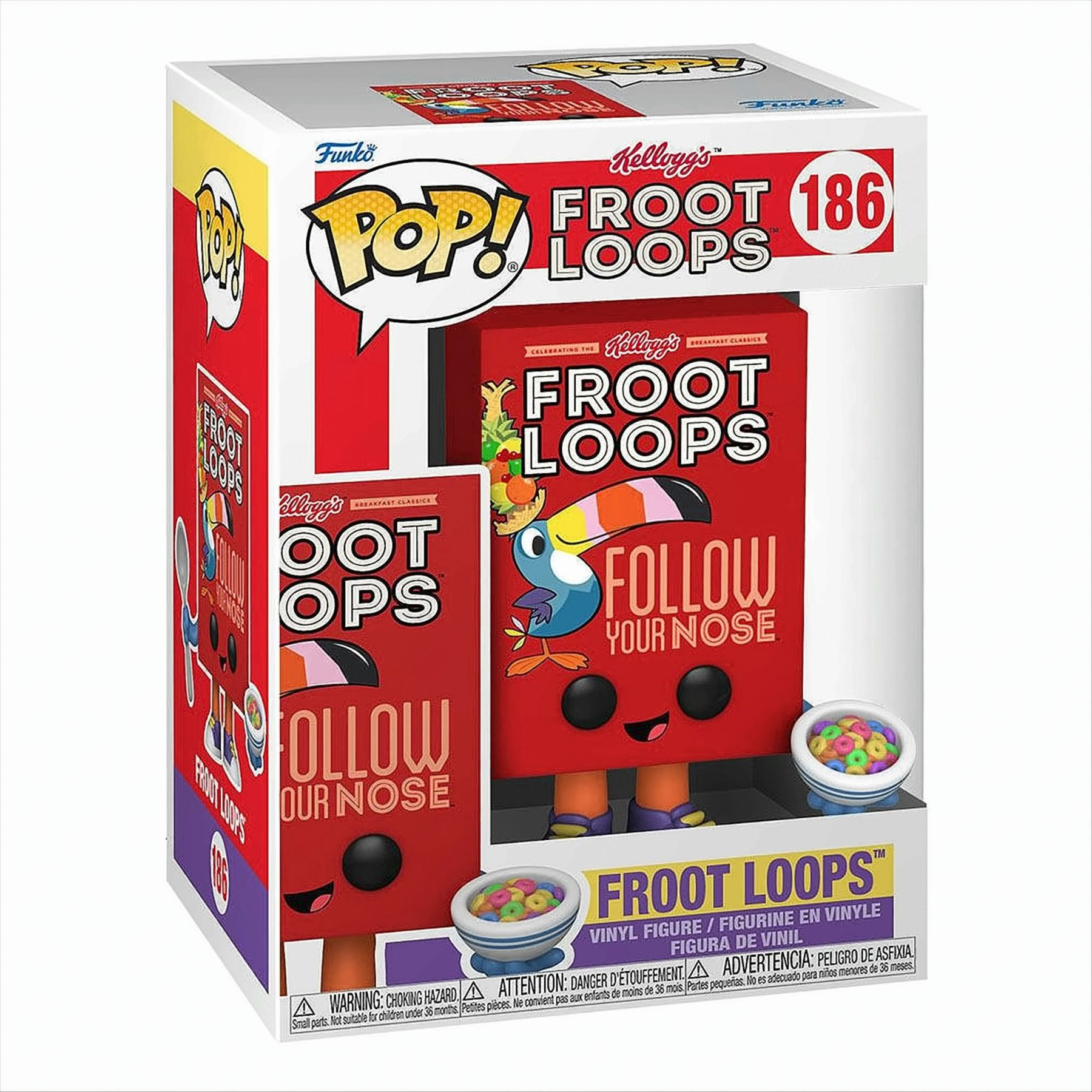 Funko Pop-Box mit einer Figur einer roten Froot Loops-Box und einem Tukan. Die Box ist in einem Gehäuse.