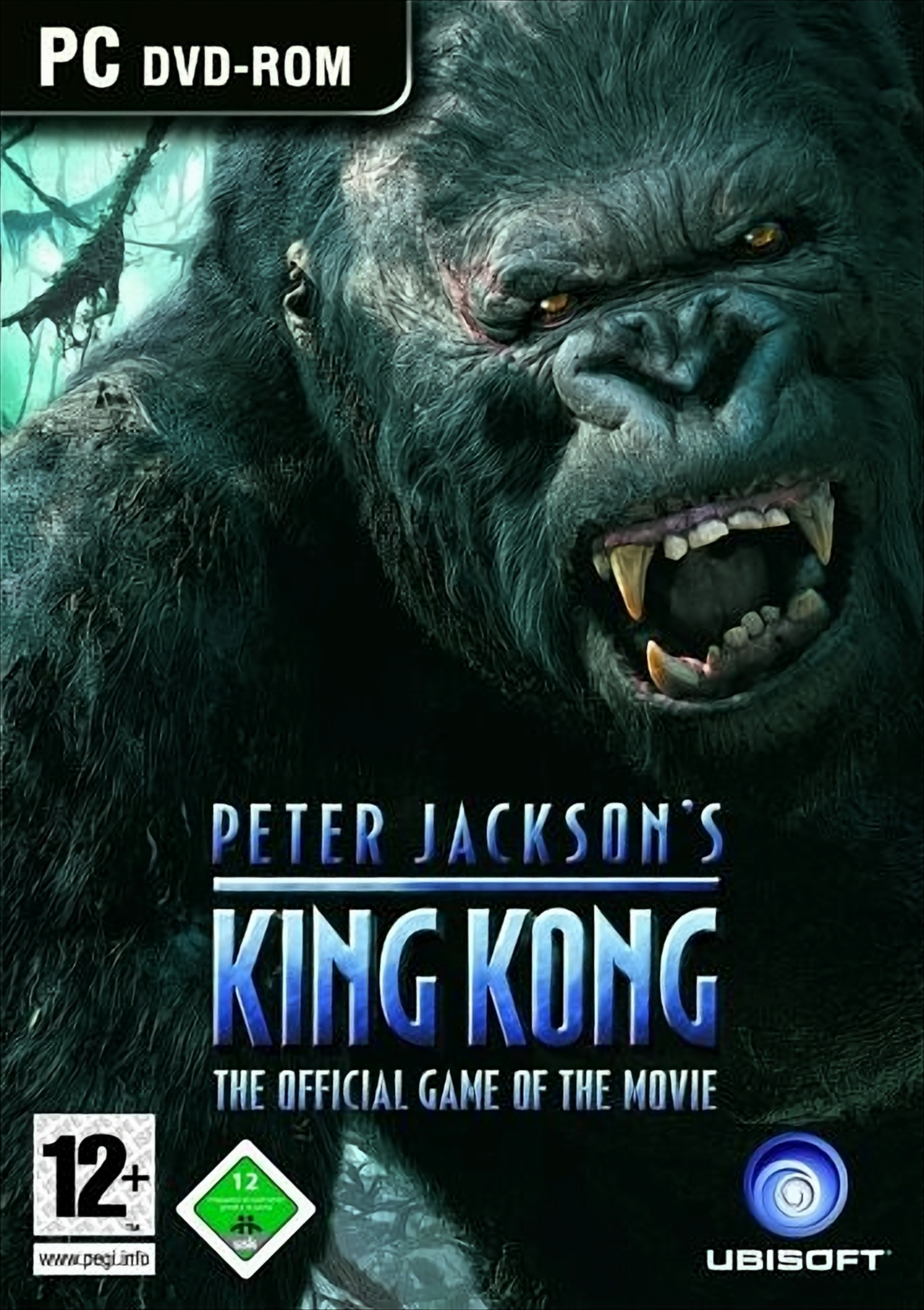 King Kong-Spielcover. Ein großes Gorillagesicht und Titel vor dunklem Hintergrund mit dem Spiel-Logo.