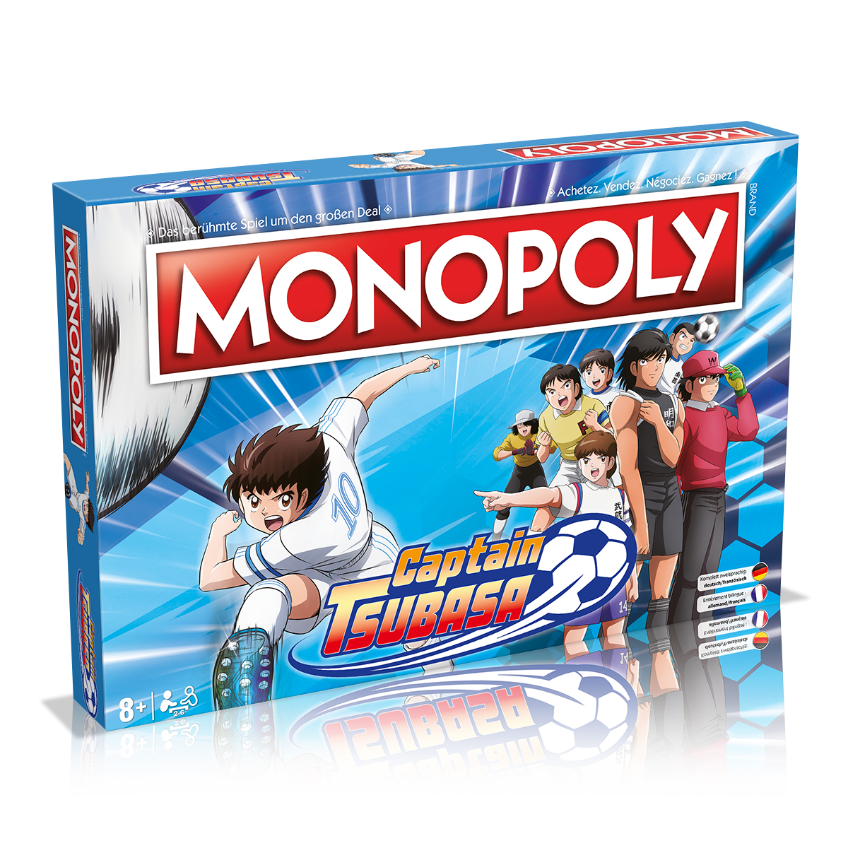 Monopoly-Brettspielbox mit Fußball-Cover mit Zeichentrickfiguren.