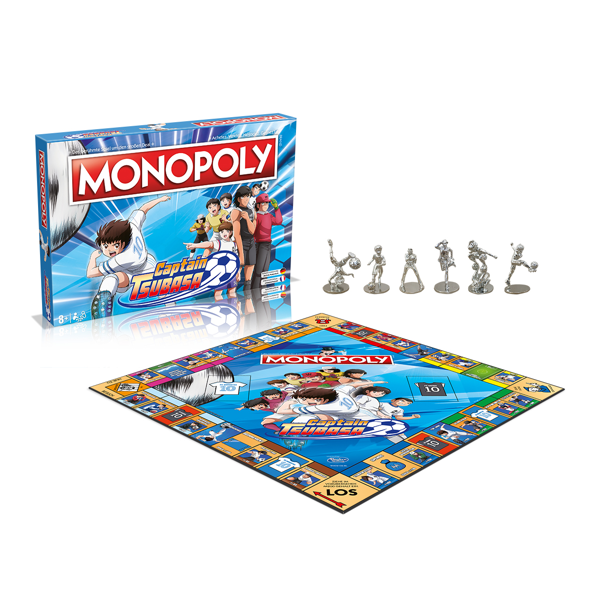 Monopoly-Brettspiel mit Captain Tsubasa-Thema, Schachtel, Spielbrett und Spielfiguren.
