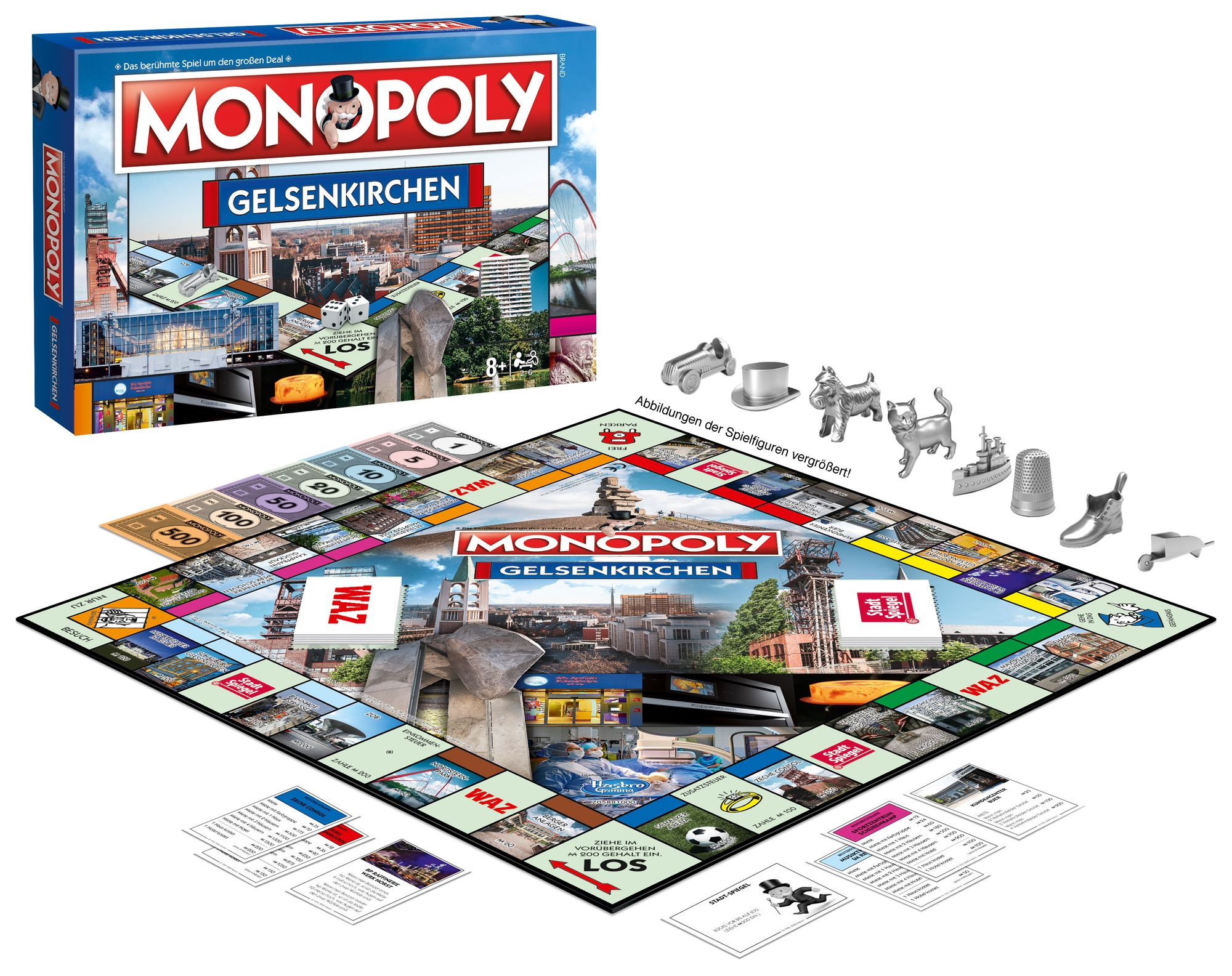 Monopoly-Brettspielbox und Spielsteine auf weißer Oberfläche. Die Box zeigt eine Stadtansicht.