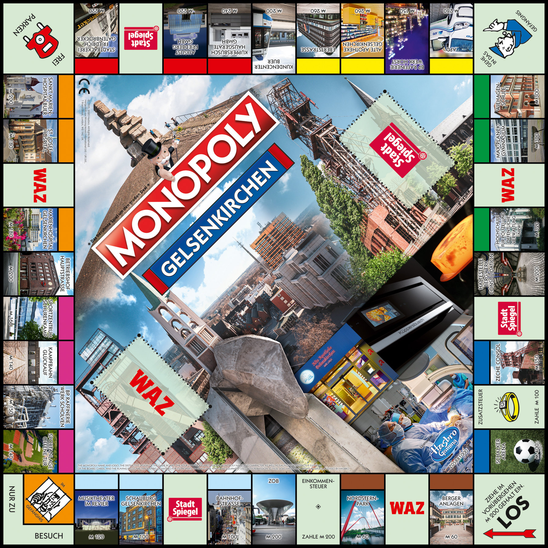 Monopoly-Brettspiel von Gelsenkirchen. Das Brett zeigt Fotos der Stadt und Wahrzeichen. Buntes Design.