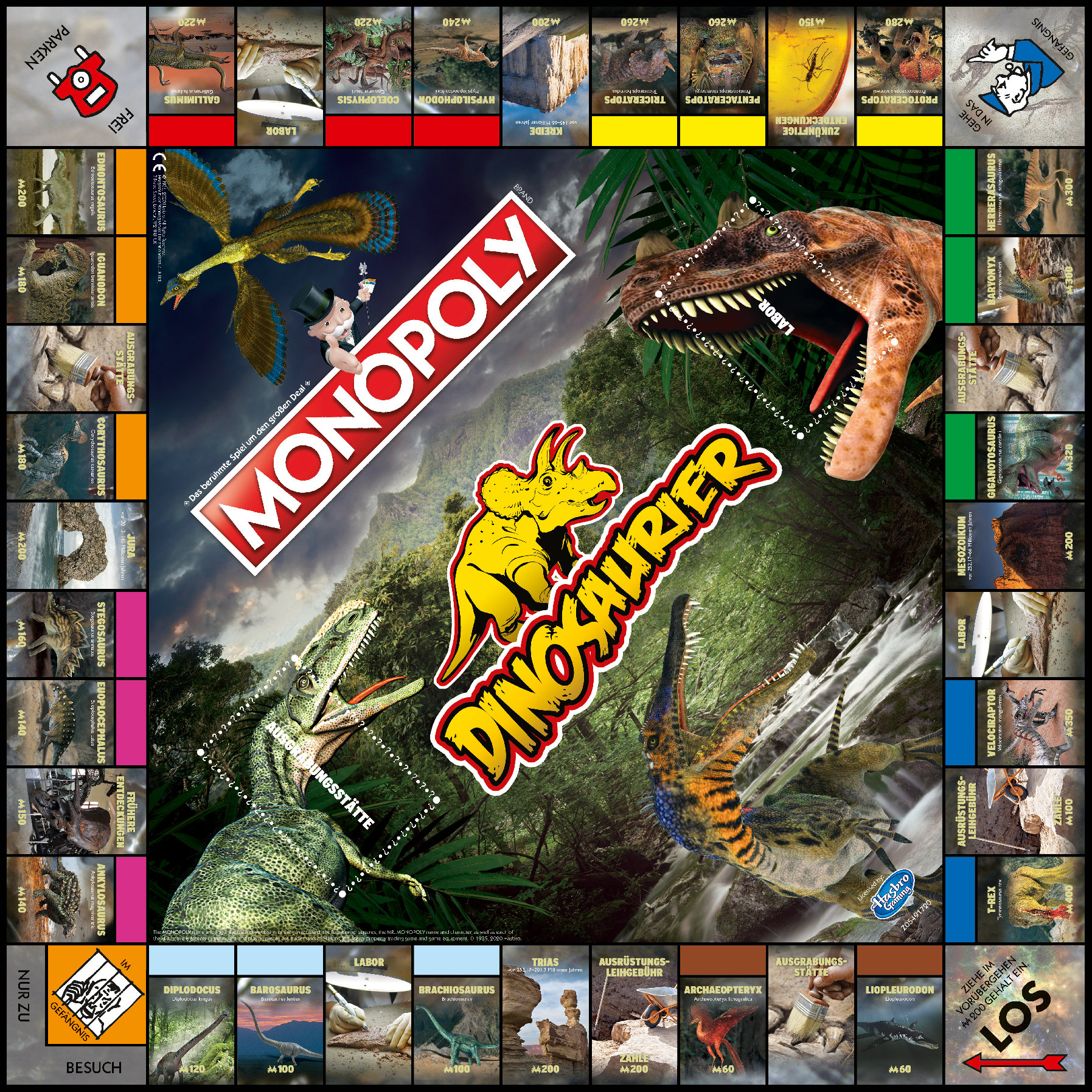 Monopoly-Brettspiel zum Thema Dinosaurier mit Dinosauriern und Spielelementen.