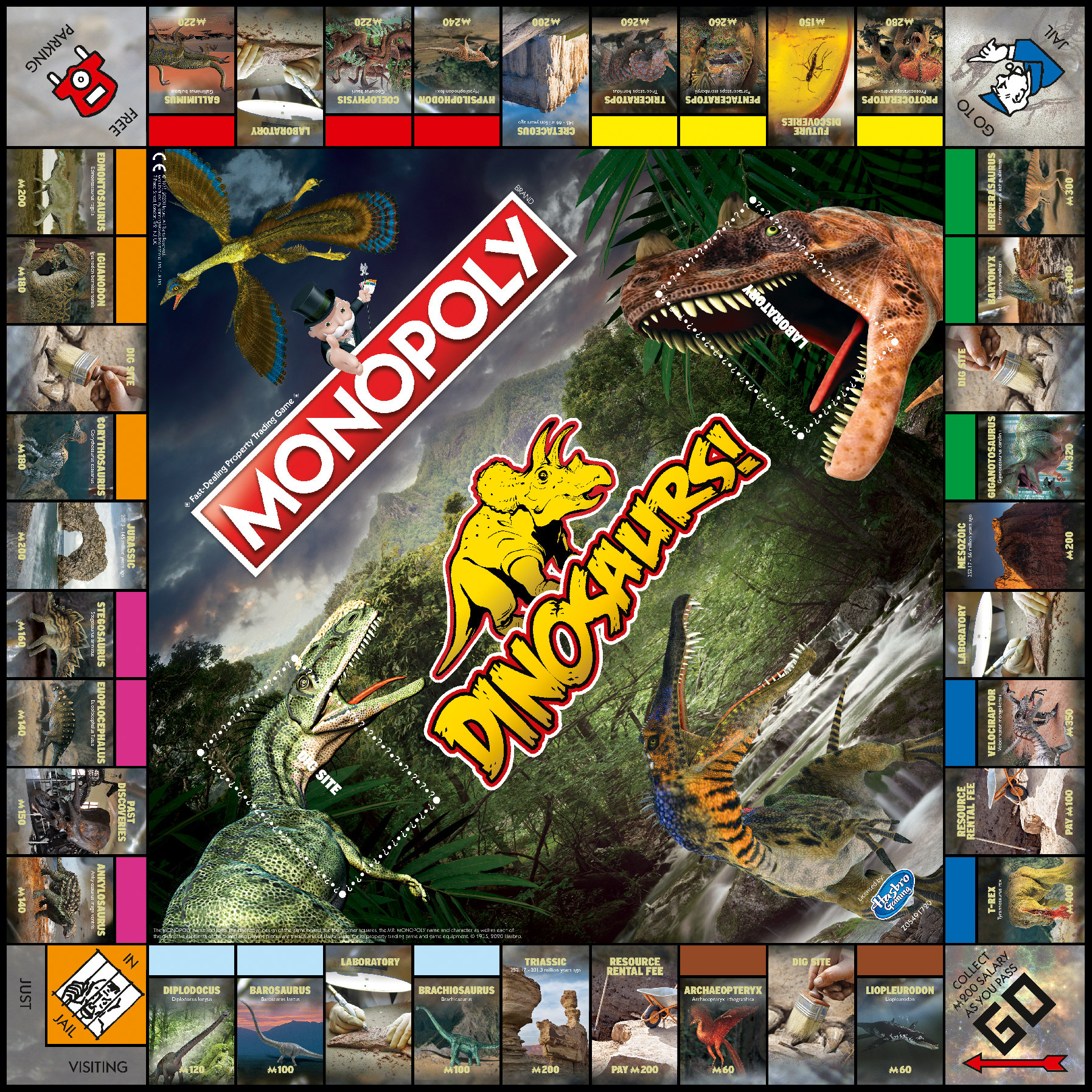 Monopoly-Brettspiel. Das Spielbrett zeigt Dinosaurier. Enthält Dinosaurier-Illustrationen und Monopoly-Spielelemente.