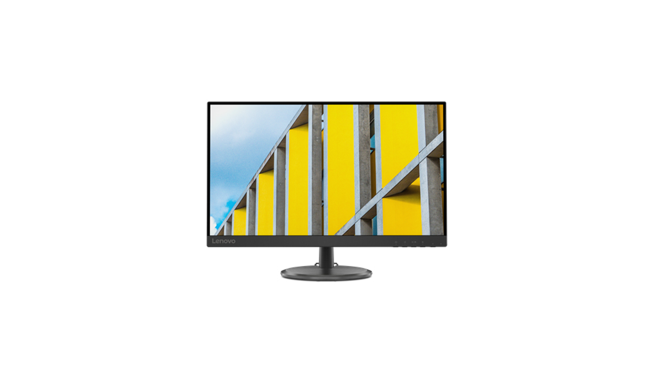 Monitor Lenovo che mostra un motivo astratto giallo e blu su sfondo bianco.