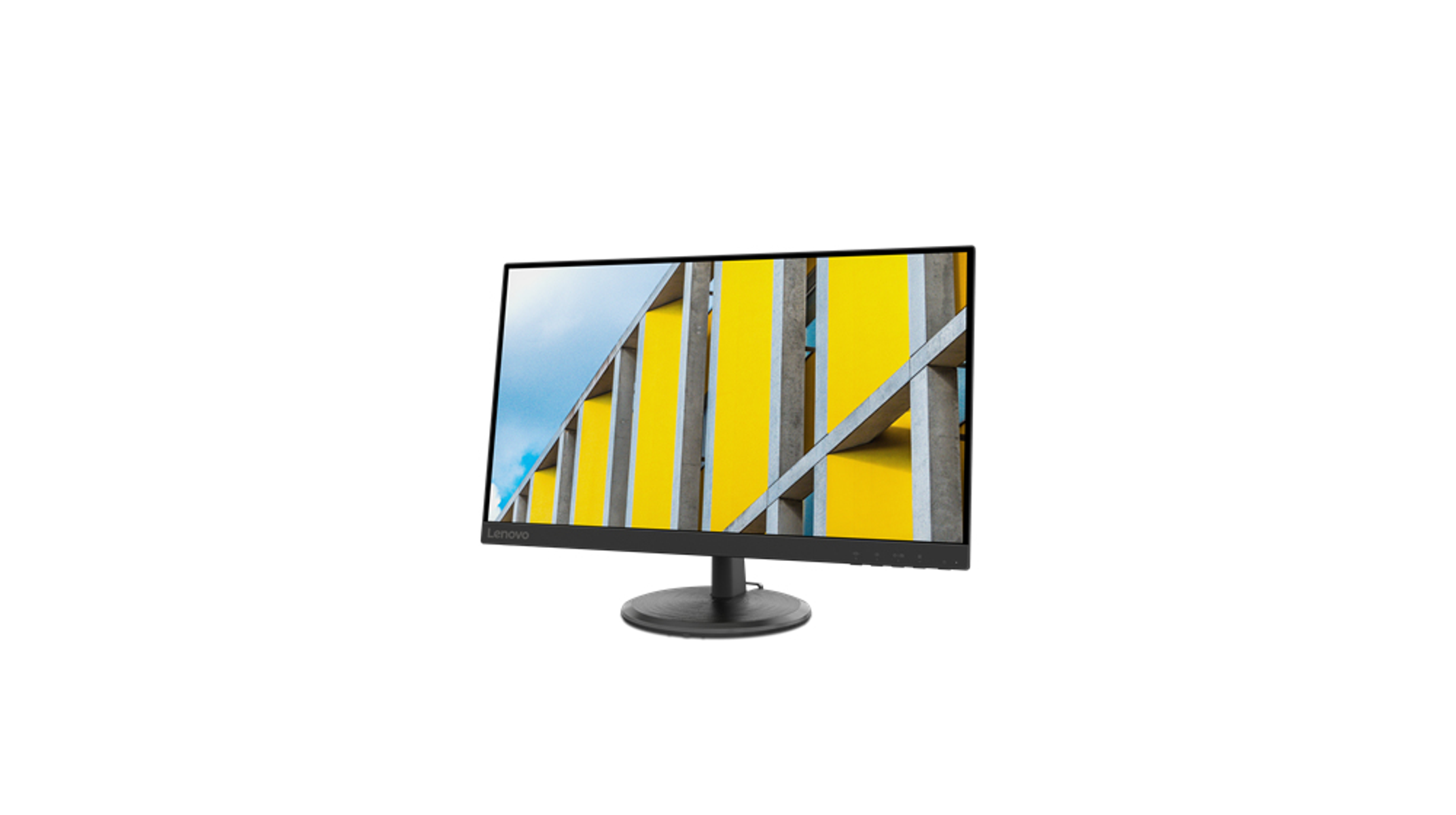 Ein Lenovo-Monitor, der eine gelbe und blaue Gebäudefassade anzeigt.