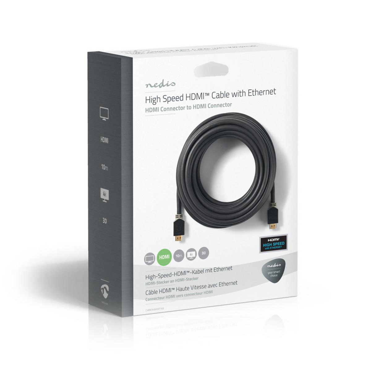 Verpackung für ein schwarzes HDMI-Kabel mit der Aufschrift 'High Speed HDMI Cable with Ethernet'.