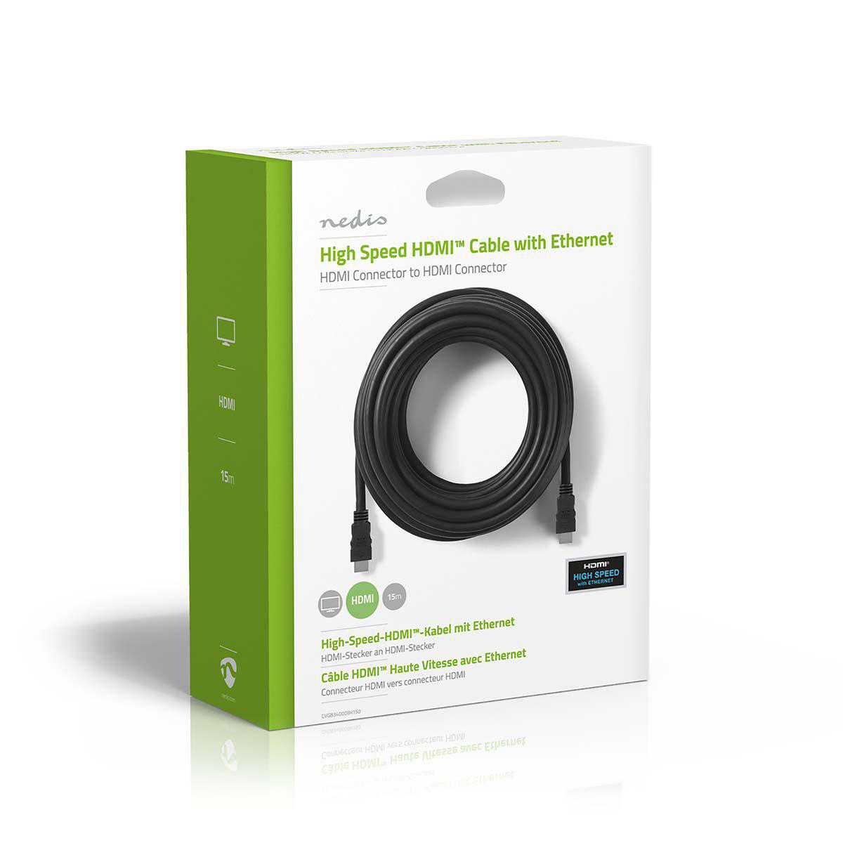 Eine Schachtel eines schwarzen HDMI-Kabels mit Ethernet, die das Kabel und seine Anschlüsse zeigt.