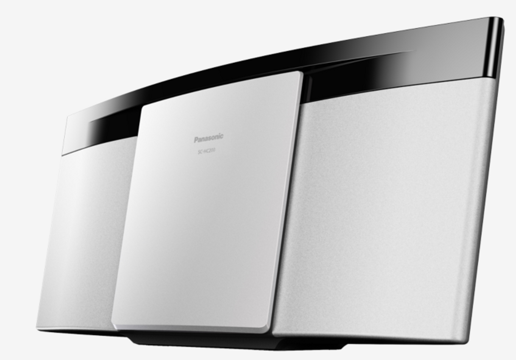 Biały i srebrny system audio Panasonic o zakrzywionej konstrukcji i czarnych akcentach.