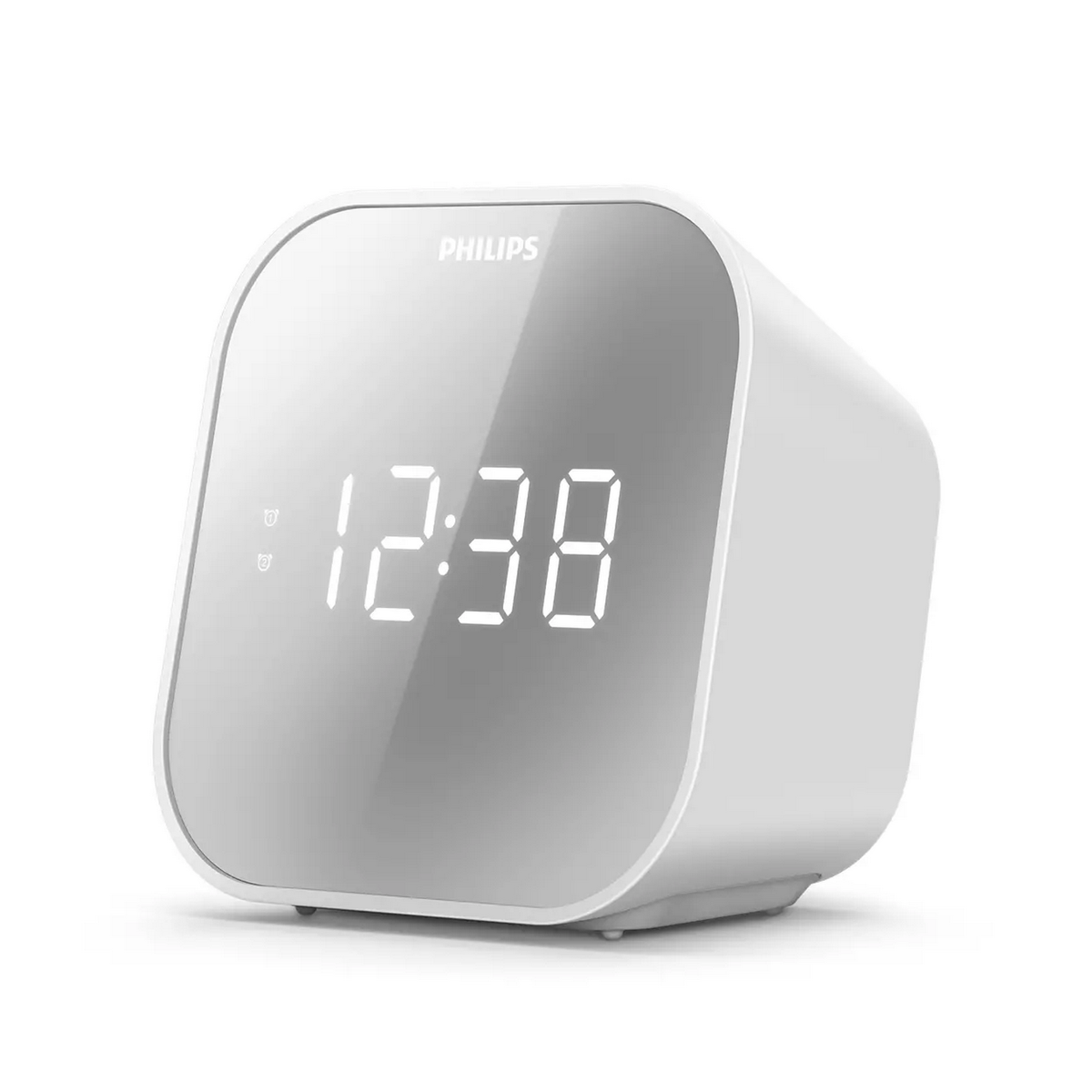 12:38'i gösteren dijital ekranlı beyaz Philips çalar saat.