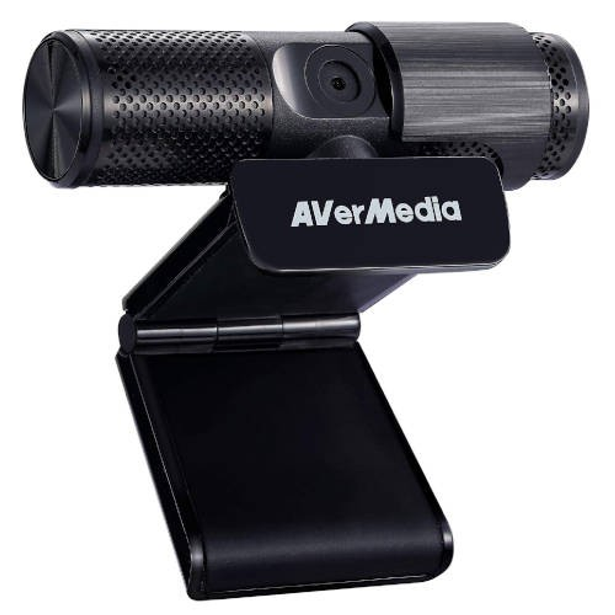 Una webcam AVerMedia nera con microfono e supporto pieghevole.