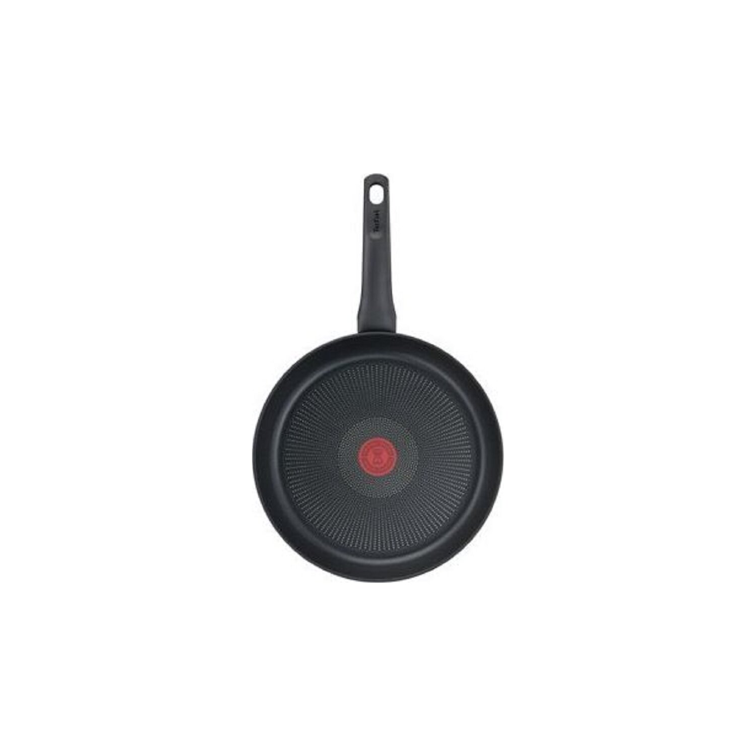 Widok z góry na czarną patelnię z czerwonym okręgiem pośrodku i czarnym uchwytem.