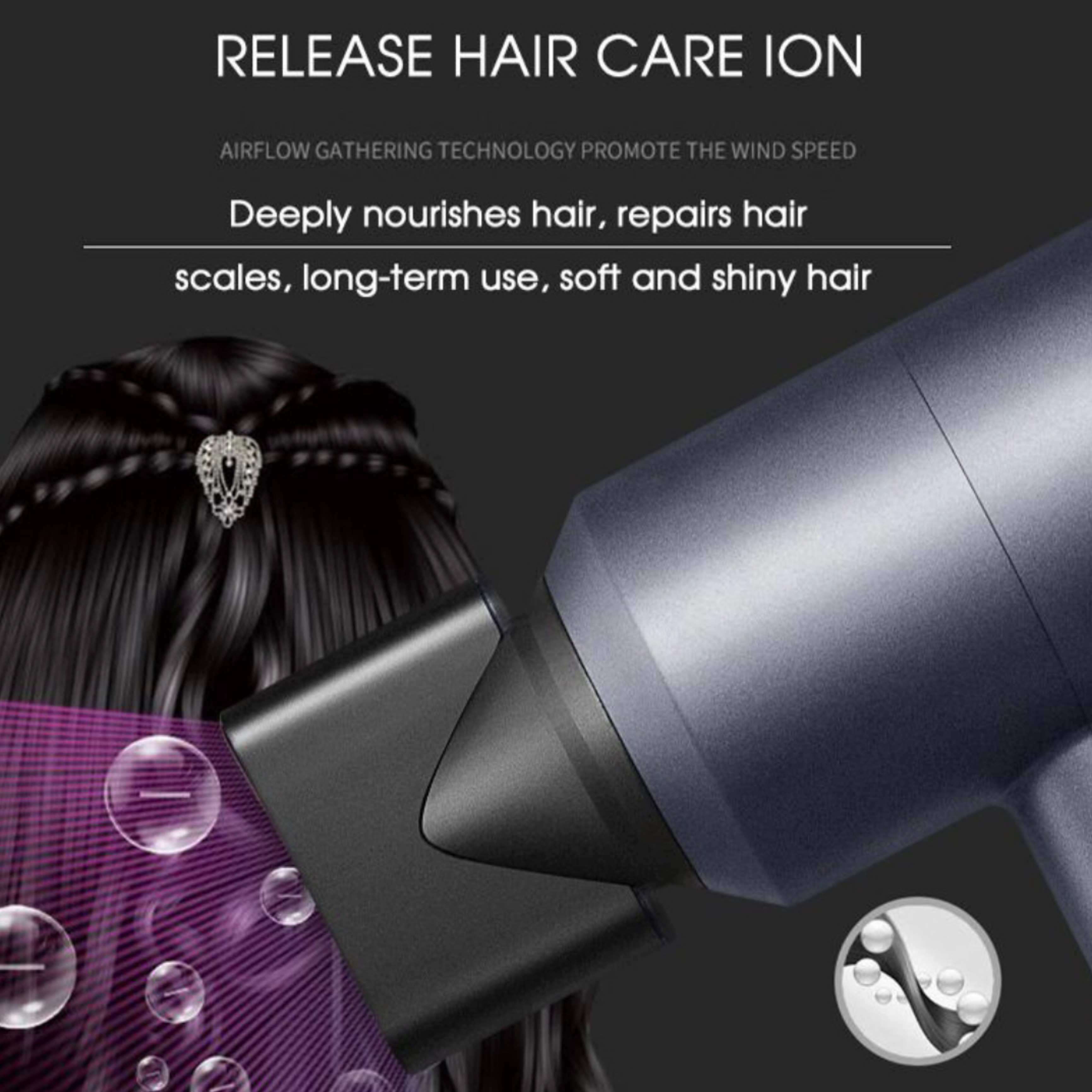 Suszarka do włosów z tekstem, włosami i bąbelkami. Tekst mówi: Uwolnij jony pielęgnacyjne, głęboko odżywia włosy.