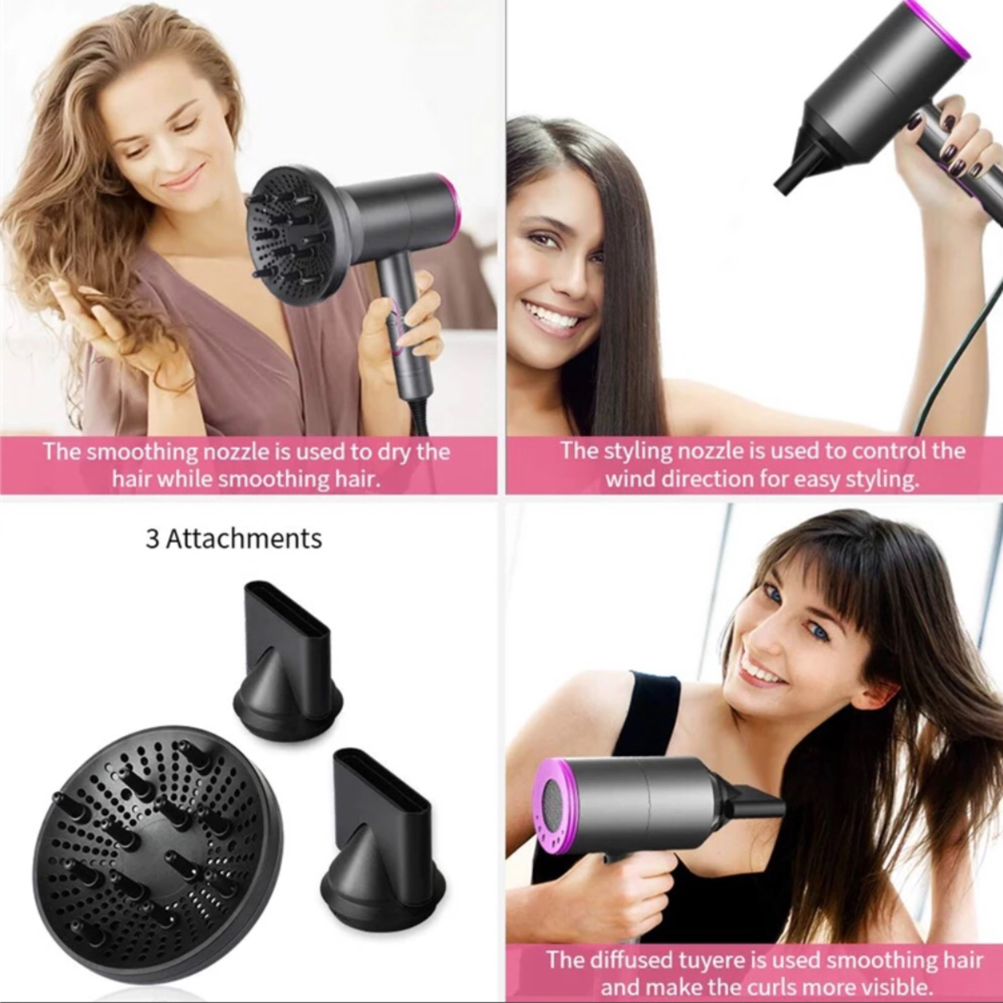 Suszarka do włosów z trzema nasadkami. Kobiety są pokazane podczas używania suszarki.