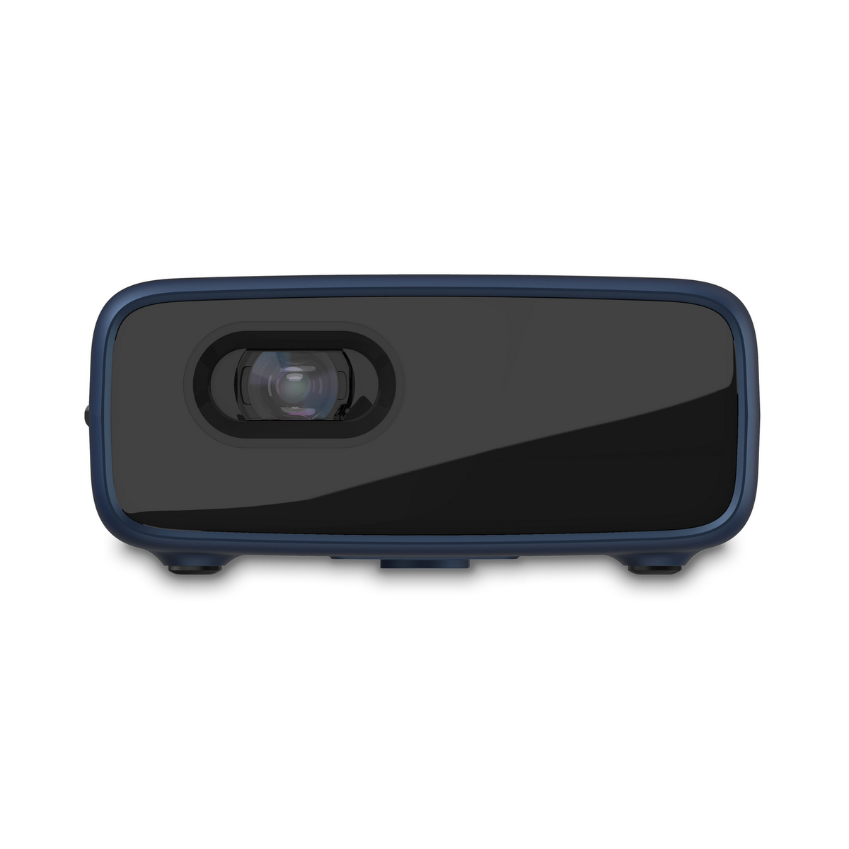 Proyector azul y negro con lente en la parte delantera.