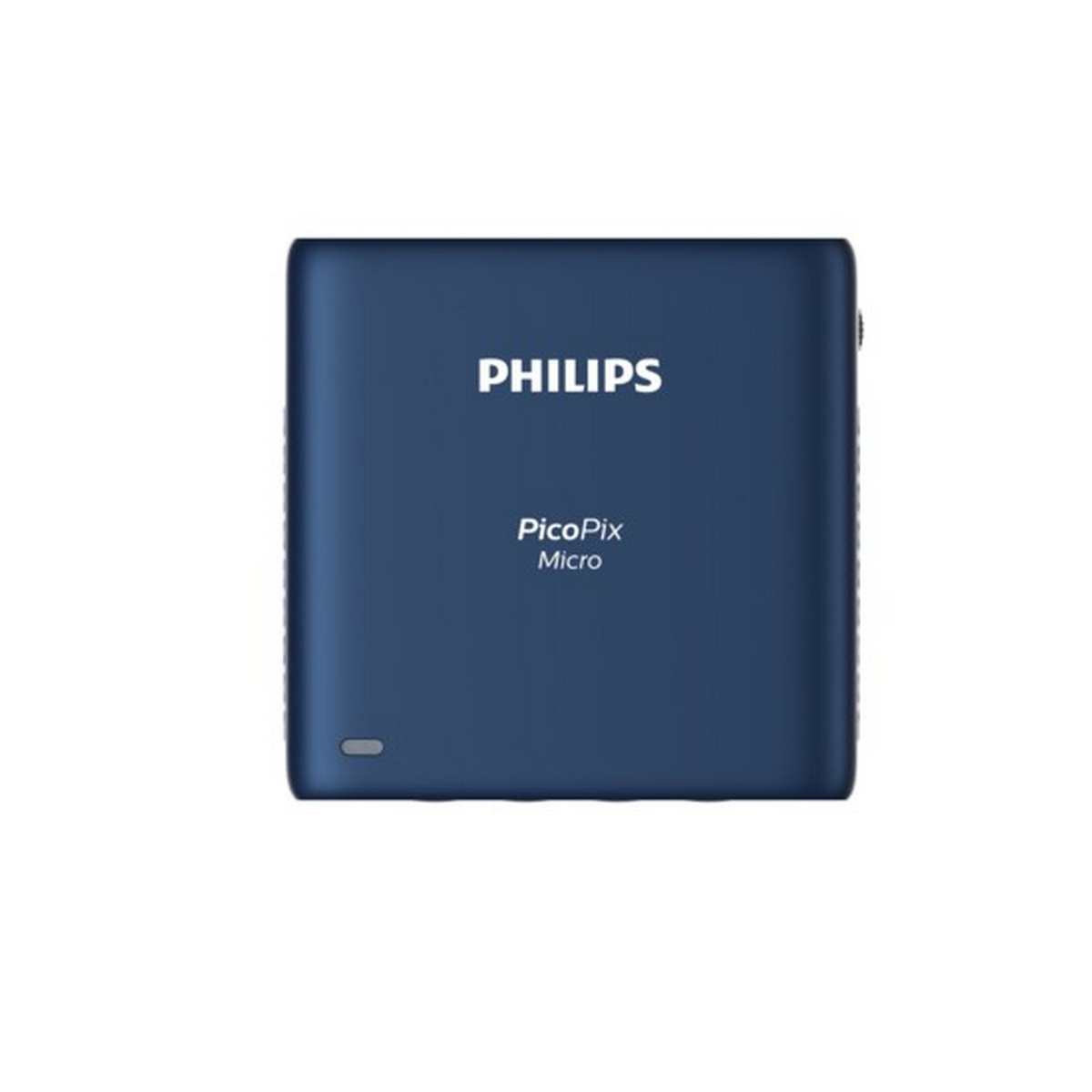 Un proyector Philips PicoPix Micro azul marino, con el logo de Philips.