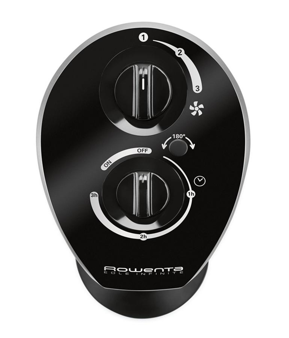 Czarny panel sterowania wentylatorem z pokrętłami i ikoną wentylatora. Białe tło.