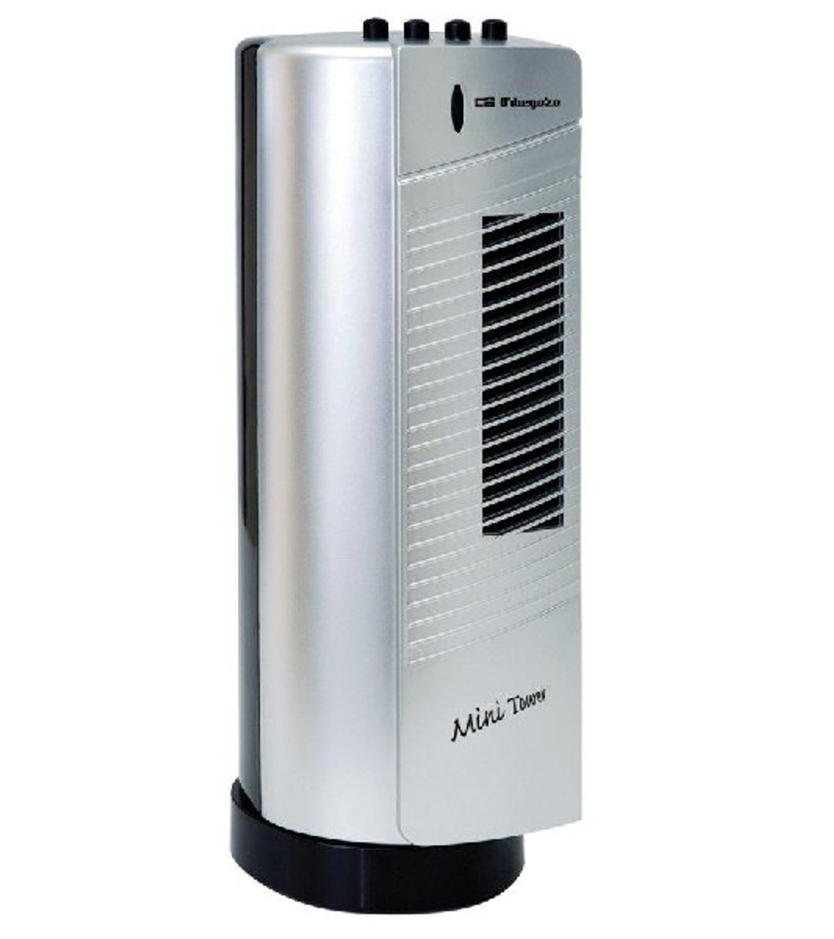 Un mini ventilatore a torre argento e nero con un'etichetta Mini Tower.
