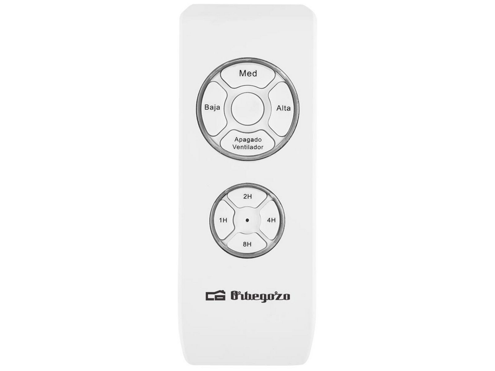 Biały pilot z przyciskami oznaczonymi 'Med', 'Alta', 'Baja', 'Apagado Ventilador' i timerami.