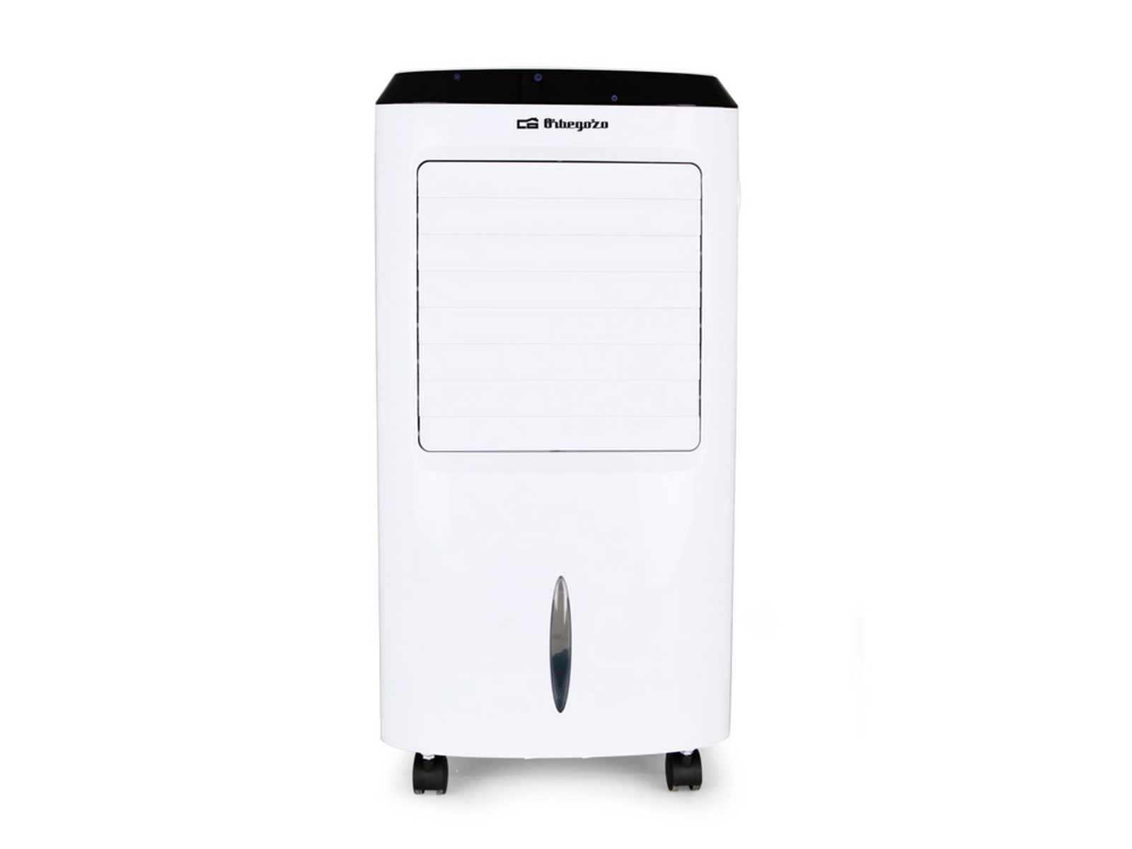 Un enfriador de aire blanco con diseño rectangular y ruedas.
