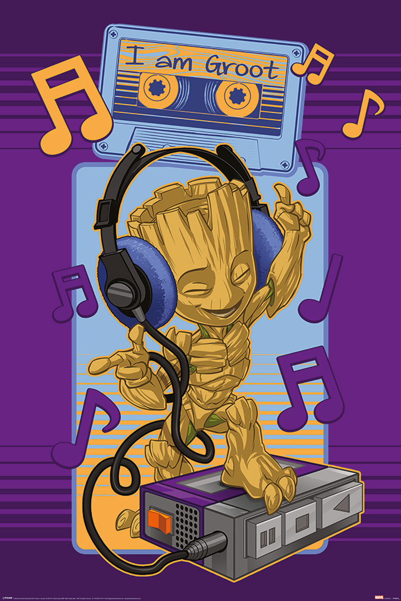 Groot mit Kopfhörern und einer Boombox, umgeben von Noten. Der Hintergrund ist lila mit einer blauen Kassette.