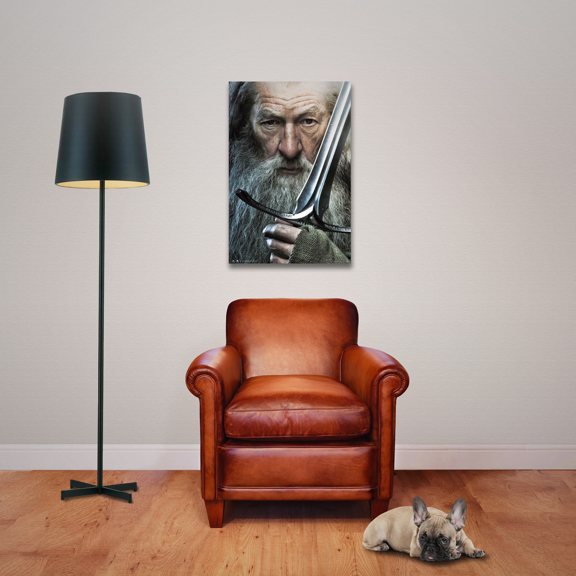 Poster von Gandalf mit Schwert an der Wand. Ein Stuhl und eine Lampe im Raum. Ein Hund liegt.