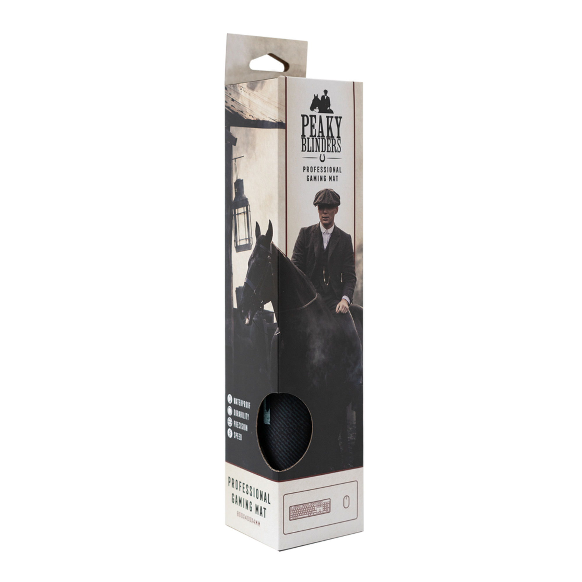 Box mit Gaming-Matte, Peaky Blinders-Thema, mit einem Mann auf einem Pferd und Text über die Matte.