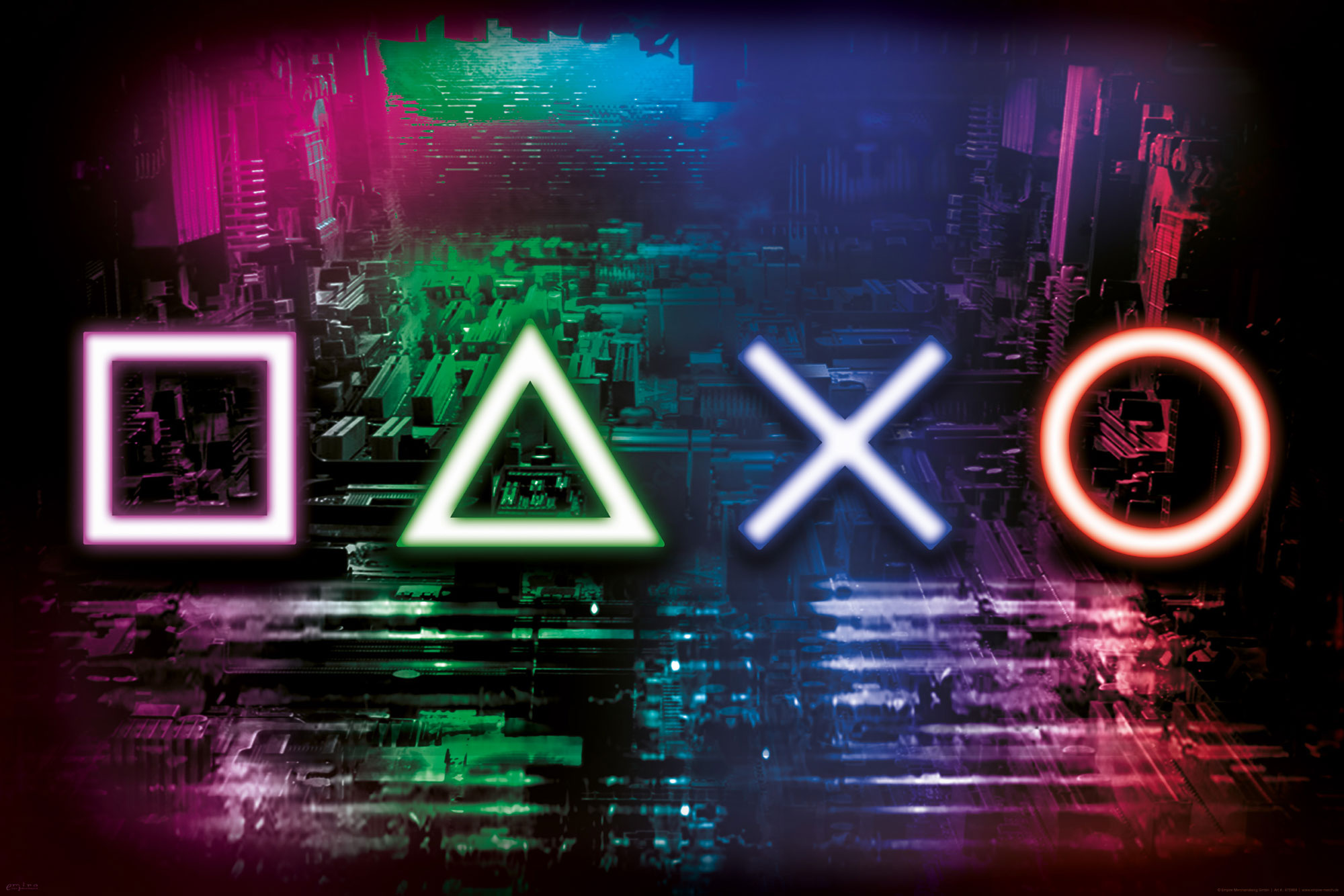 PlayStation-Symbole in einem farbenfrohen, futuristischen Design vor dunklem Hintergrund angeordnet.