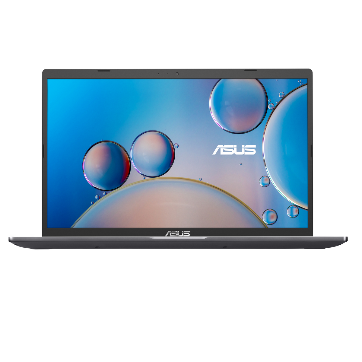 Un portátil ASUS abierto, que muestra un fondo azul y blanco con burbujas. El logotipo de ASUS es visible.