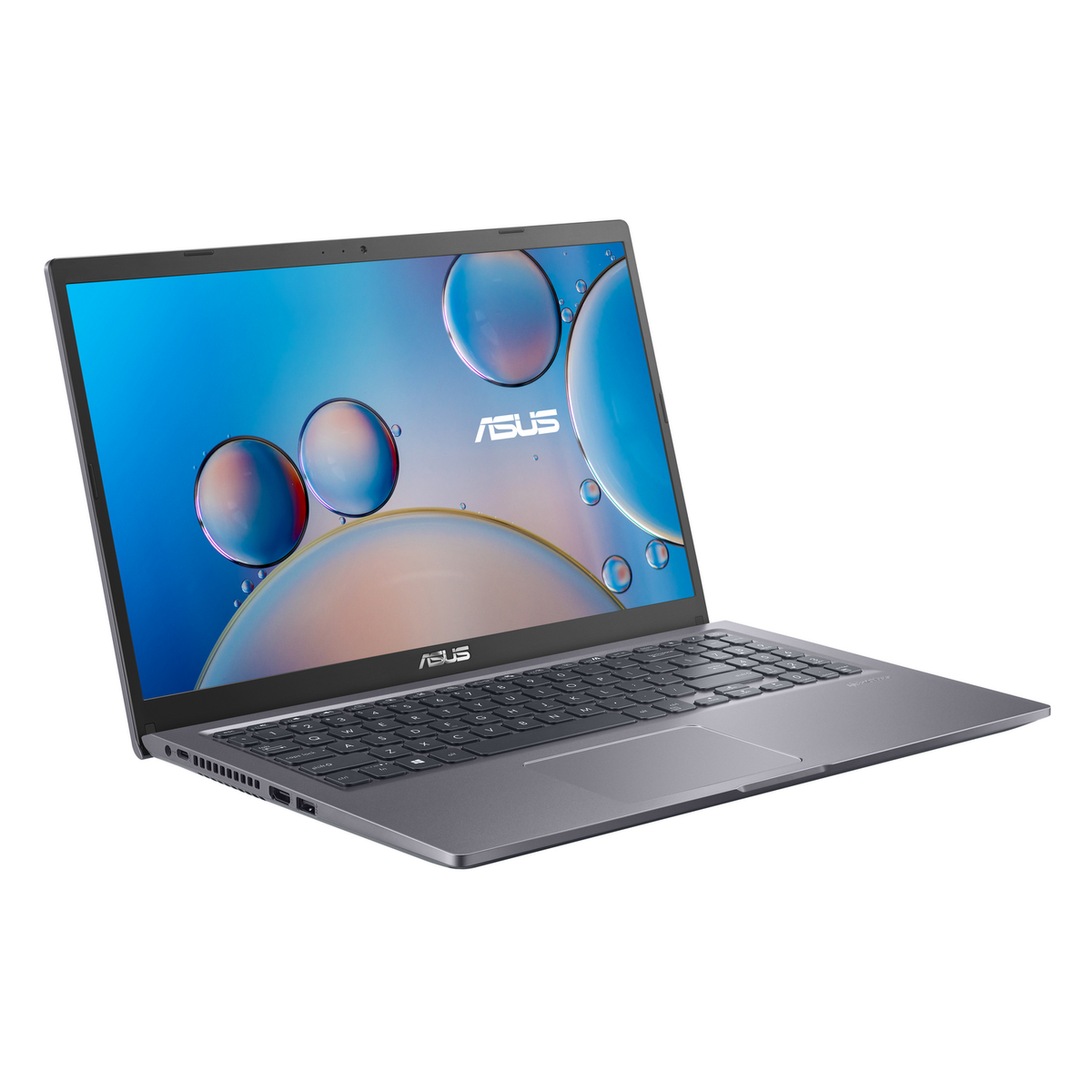 Un portátil ASUS gris, abierto, inclinado a la derecha, sobre fondo blanco. La pantalla está encendida.
