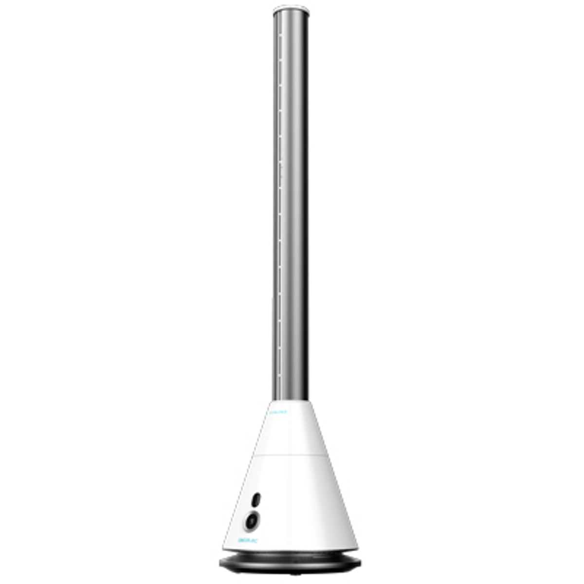 Ventilador de torre blanco con columna plateada, logo CECELC y base redonda.