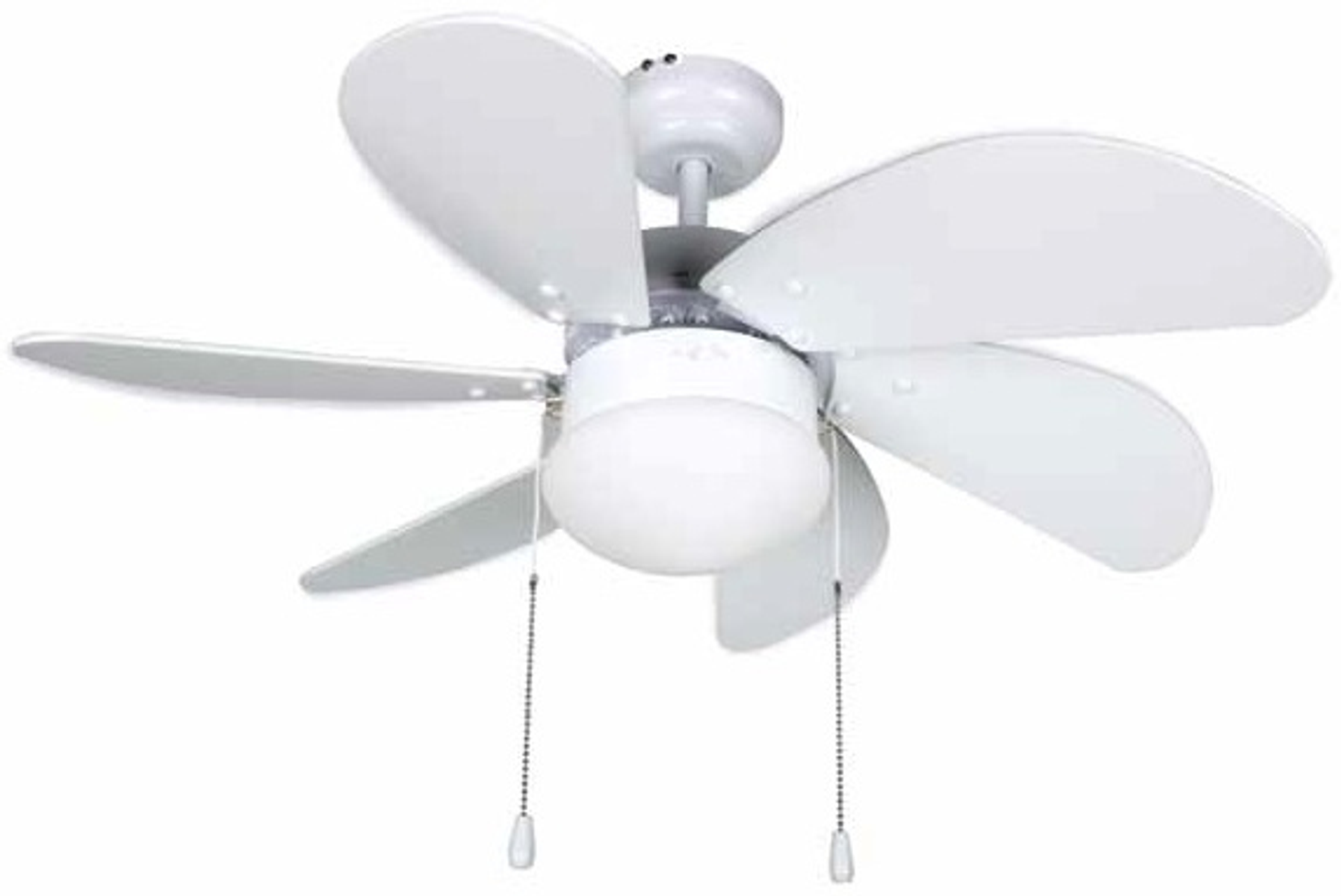 Ventilatore da soffitto bianco con cinque pale e luce su sfondo bianco.